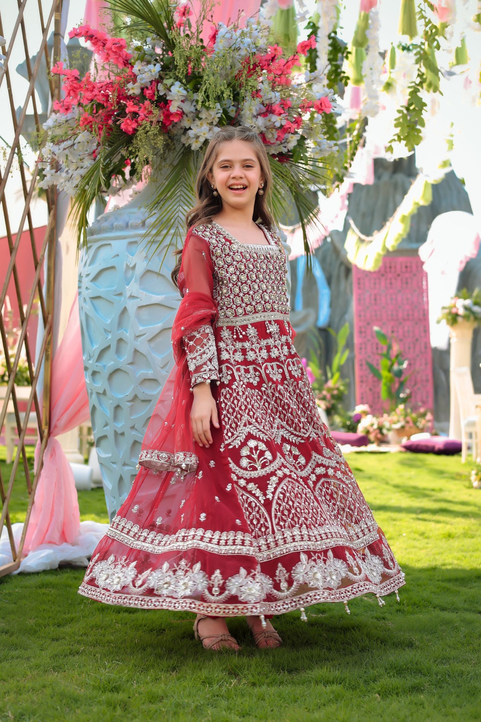 Maroon Maxi with Pearl Net Dupatta | Mother & Daughter Formal Wear by Aroosh TTAH2