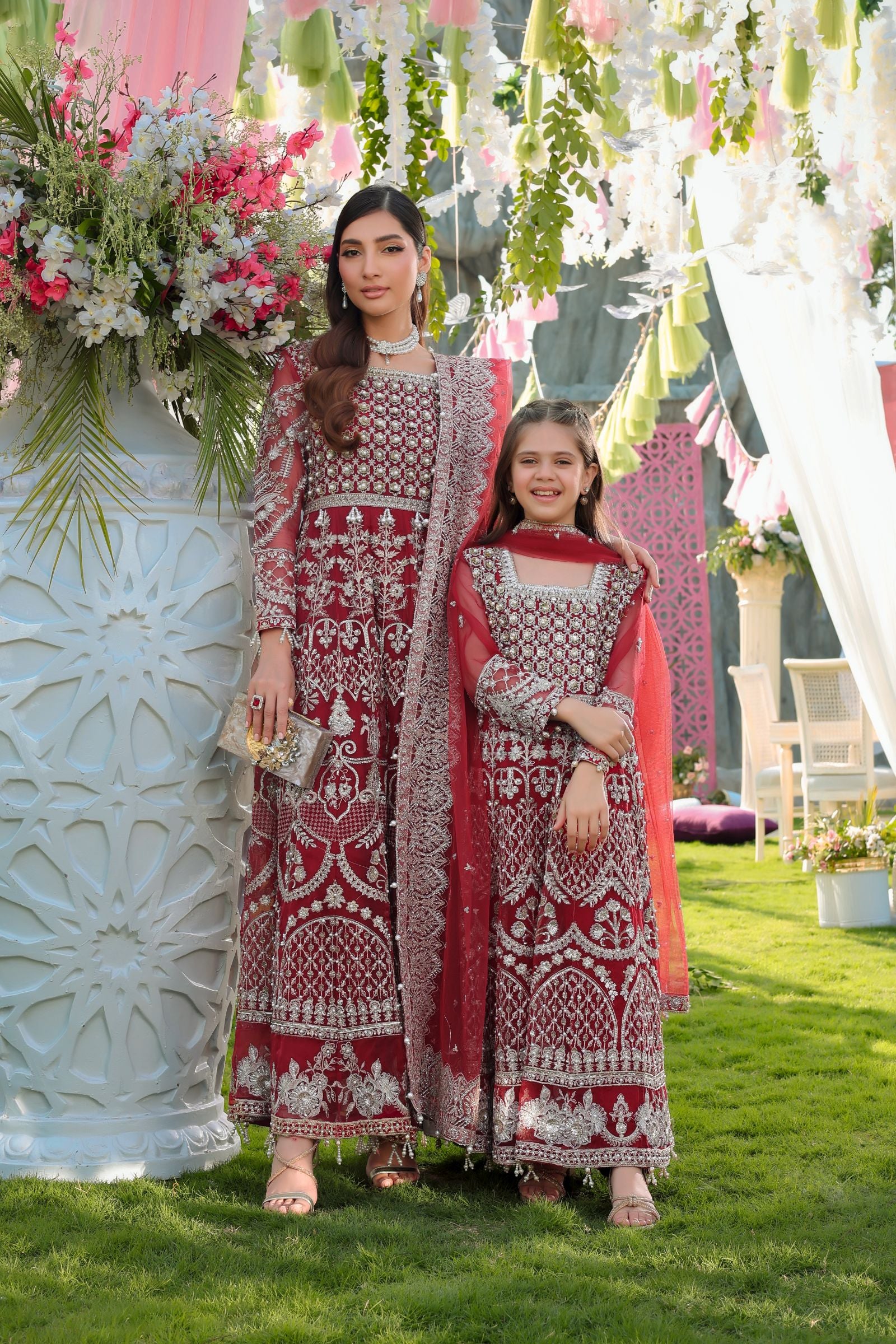 Maroon Maxi with Pearl Net Dupatta | Mother & Daughter Formal Wear by Aroosh TTAH2