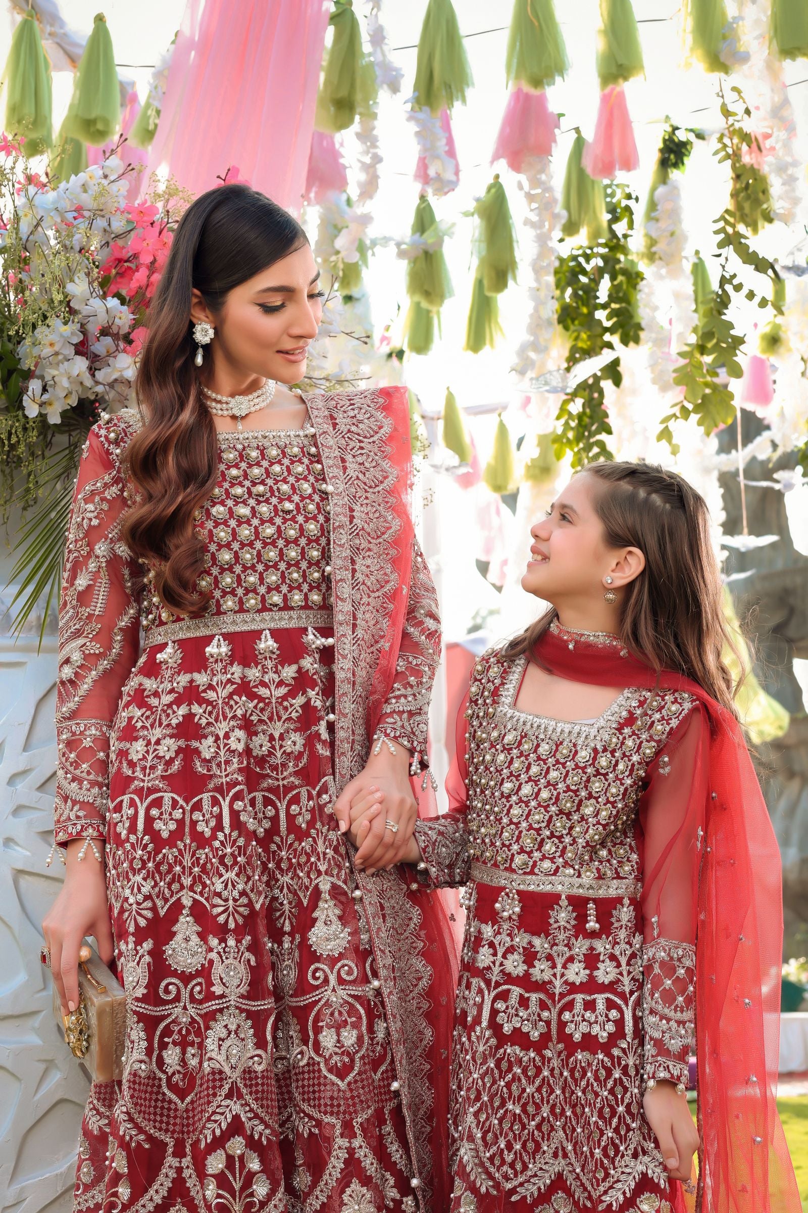 Maroon Maxi with Pearl Net Dupatta | Mother & Daughter Formal Wear by Aroosh TTAH2