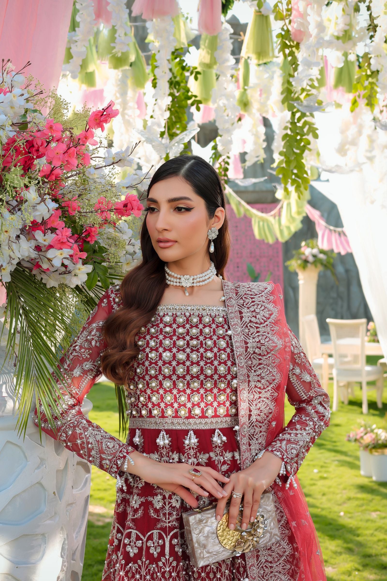 Maroon Maxi with Pearl Net Dupatta | Mother & Daughter Formal Wear by Aroosh TTAH2