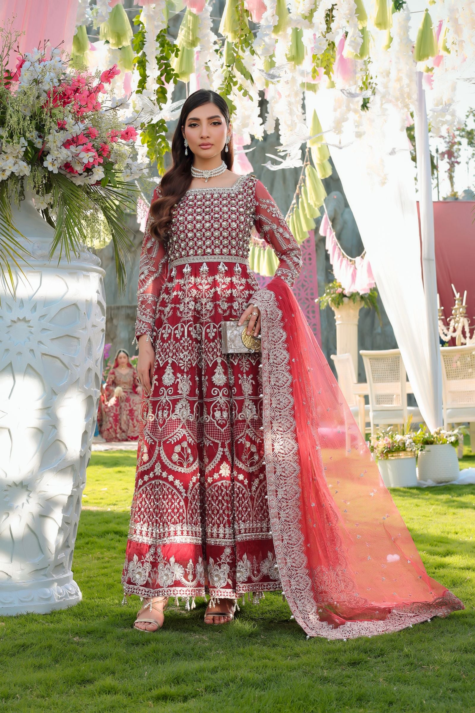 Maroon Maxi with Pearl Net Dupatta | Mother & Daughter Formal Wear by Aroosh TTAH2