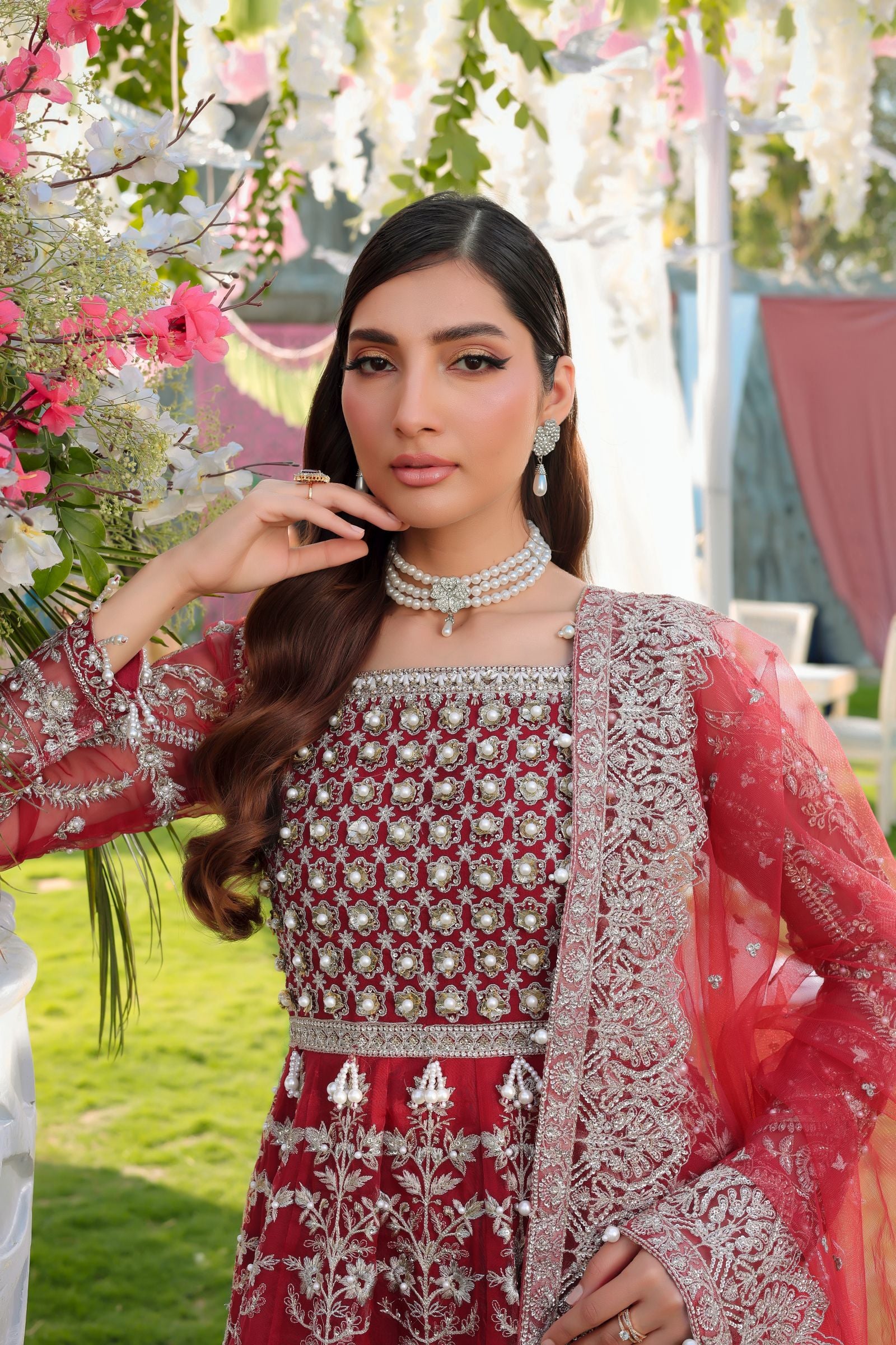 Maroon Maxi with Pearl Net Dupatta | Mother & Daughter Formal Wear by Aroosh TTAH2