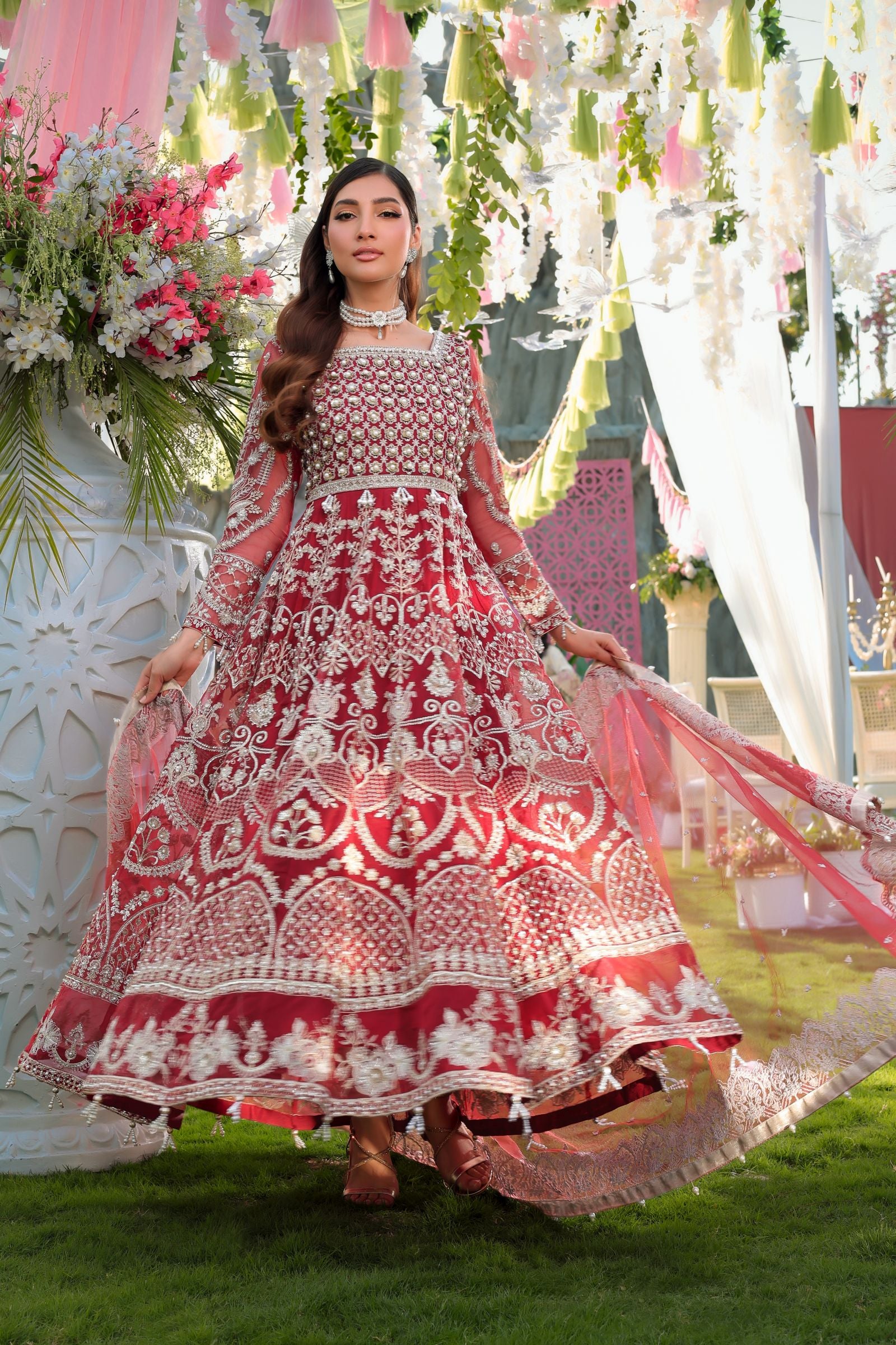 Maroon Maxi with Pearl Net Dupatta | Mother & Daughter Formal Wear by Aroosh TTAH2