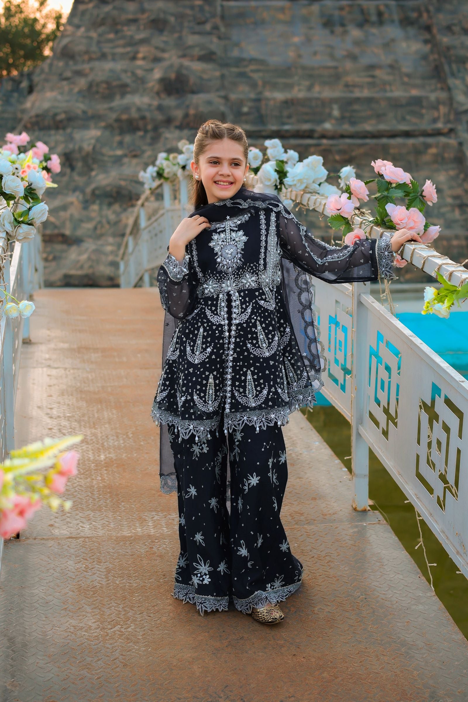 Black Peplum & Shararah Set | Aroosh Mother-Daughter Matching Formal Outfit TTAH5