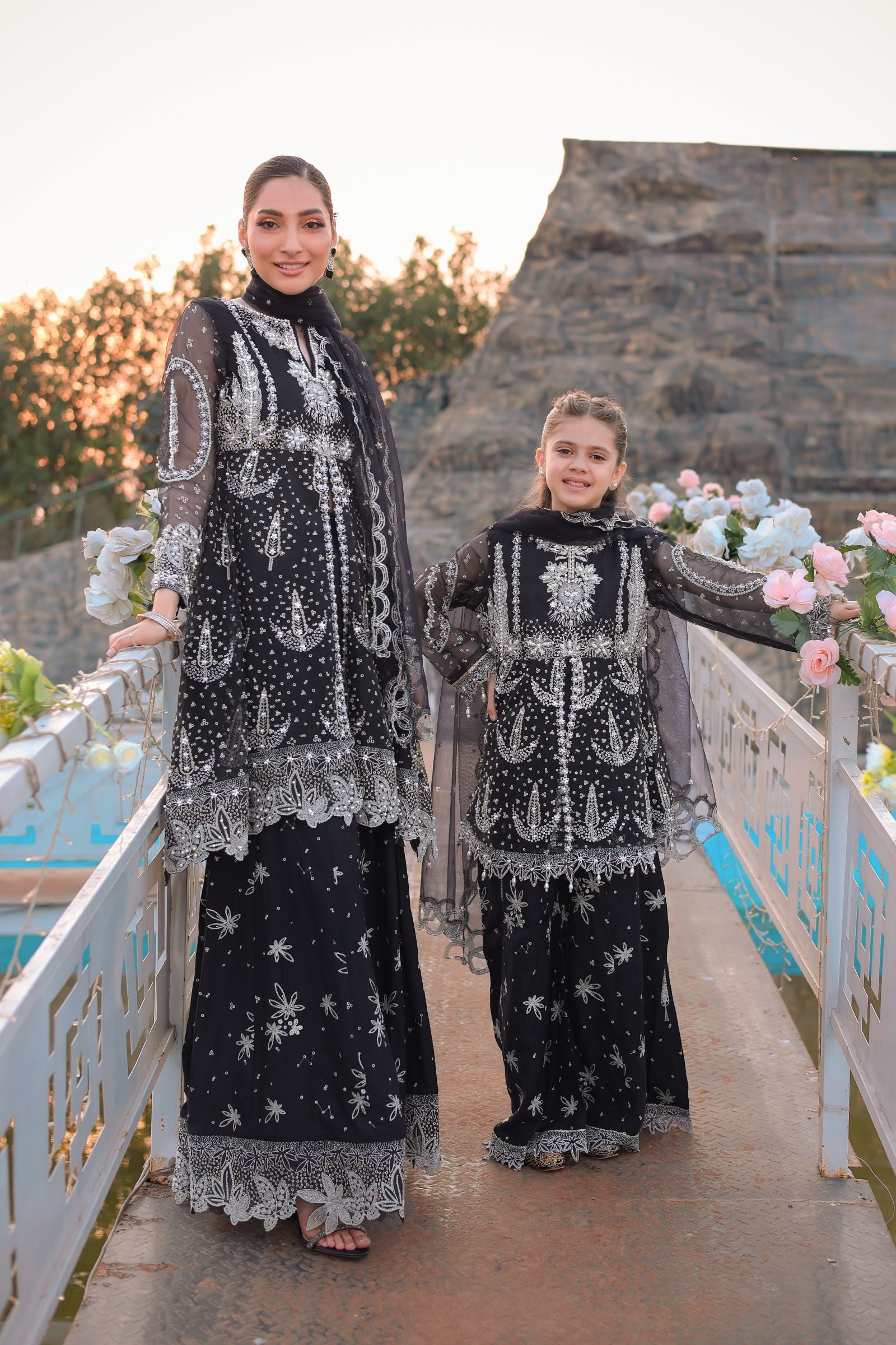 Black Peplum & Shararah Set | Aroosh Mother-Daughter Matching Formal Outfit TTAH5
