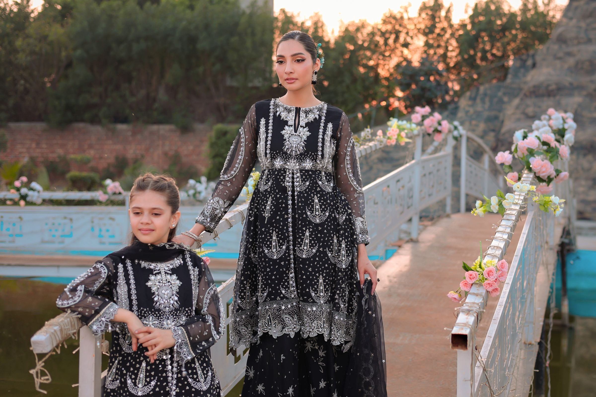 Black Peplum & Shararah Set | Aroosh Mother-Daughter Matching Formal Outfit TTAH5