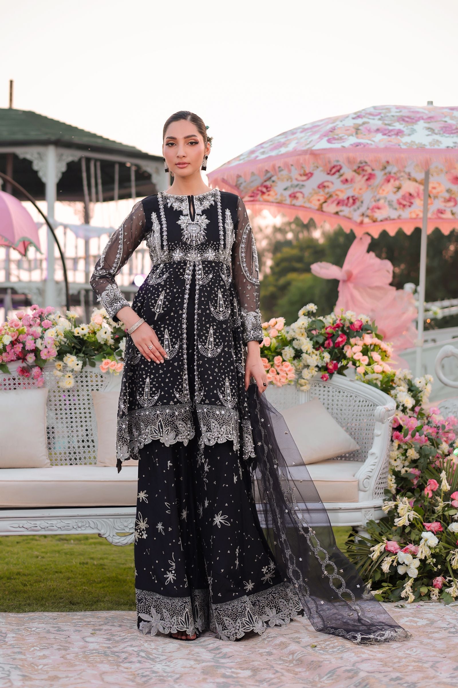 Black Peplum & Shararah Set | Aroosh Mother-Daughter Matching Formal Outfit TTAH5