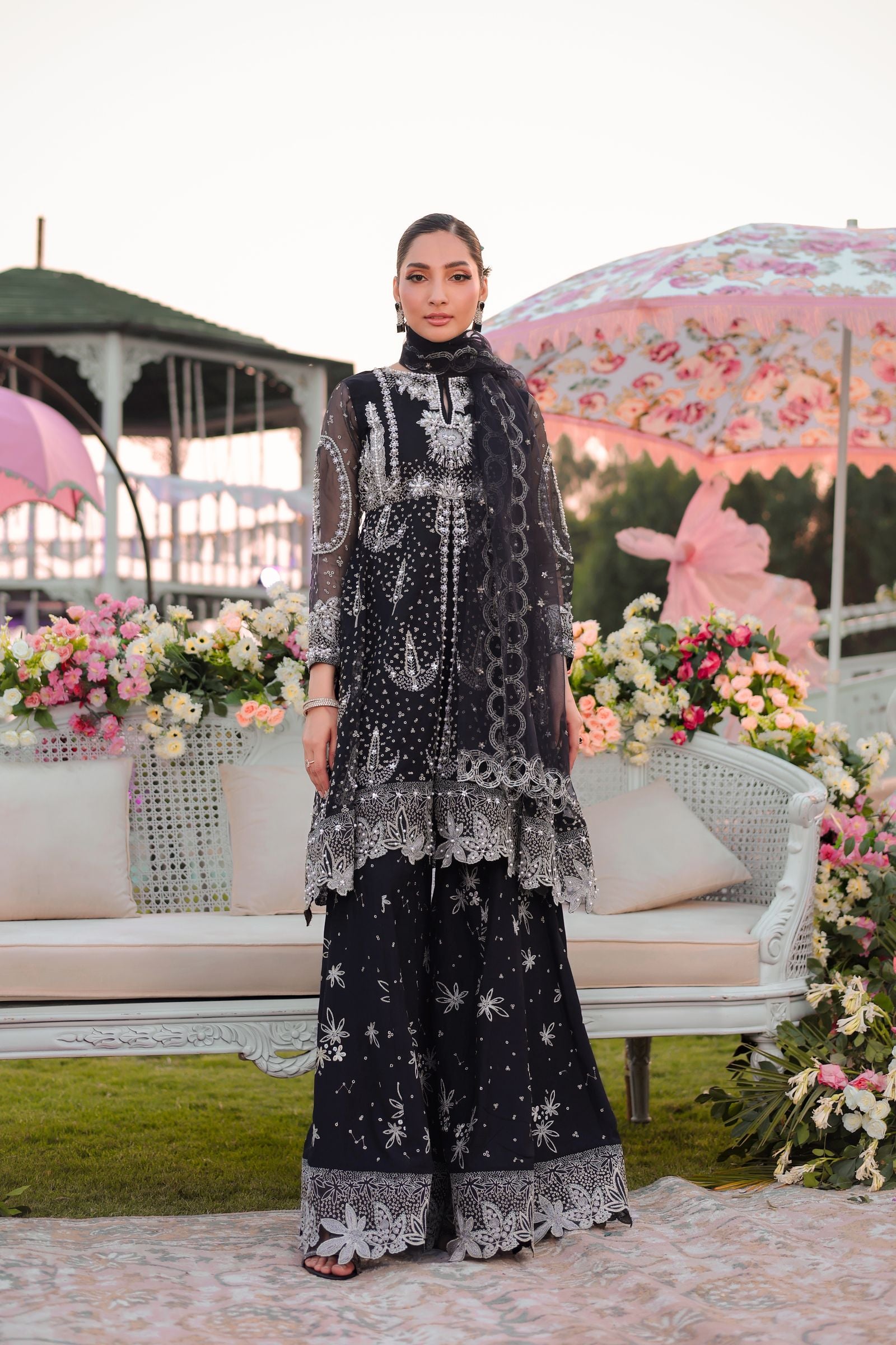 Black Peplum & Shararah Set | Aroosh Mother-Daughter Matching Formal Outfit TTAH5