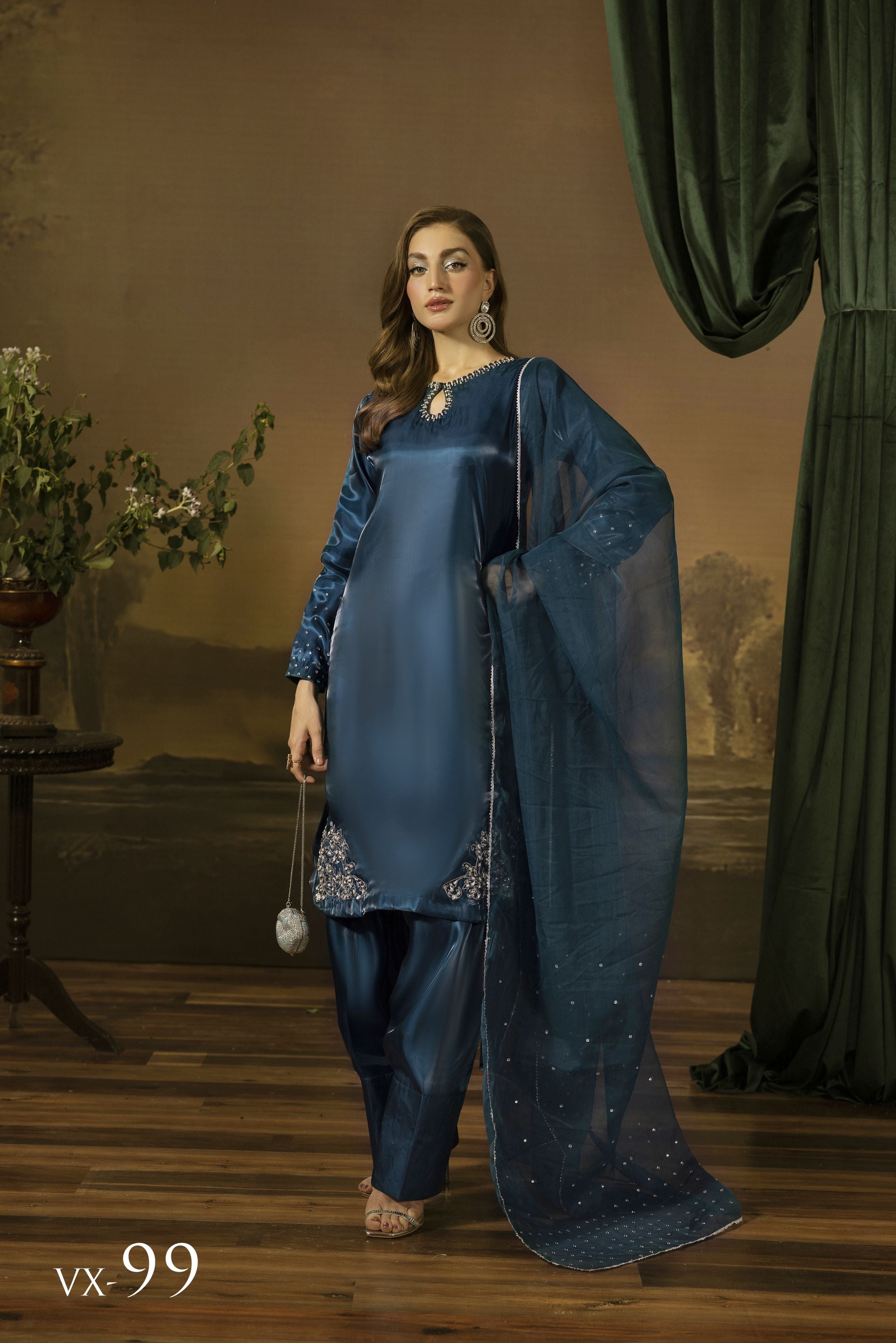 Midnight Blue Silk Farshi Shalwar Pakistani Dress - Farshi Bahaar by Mona FBM7