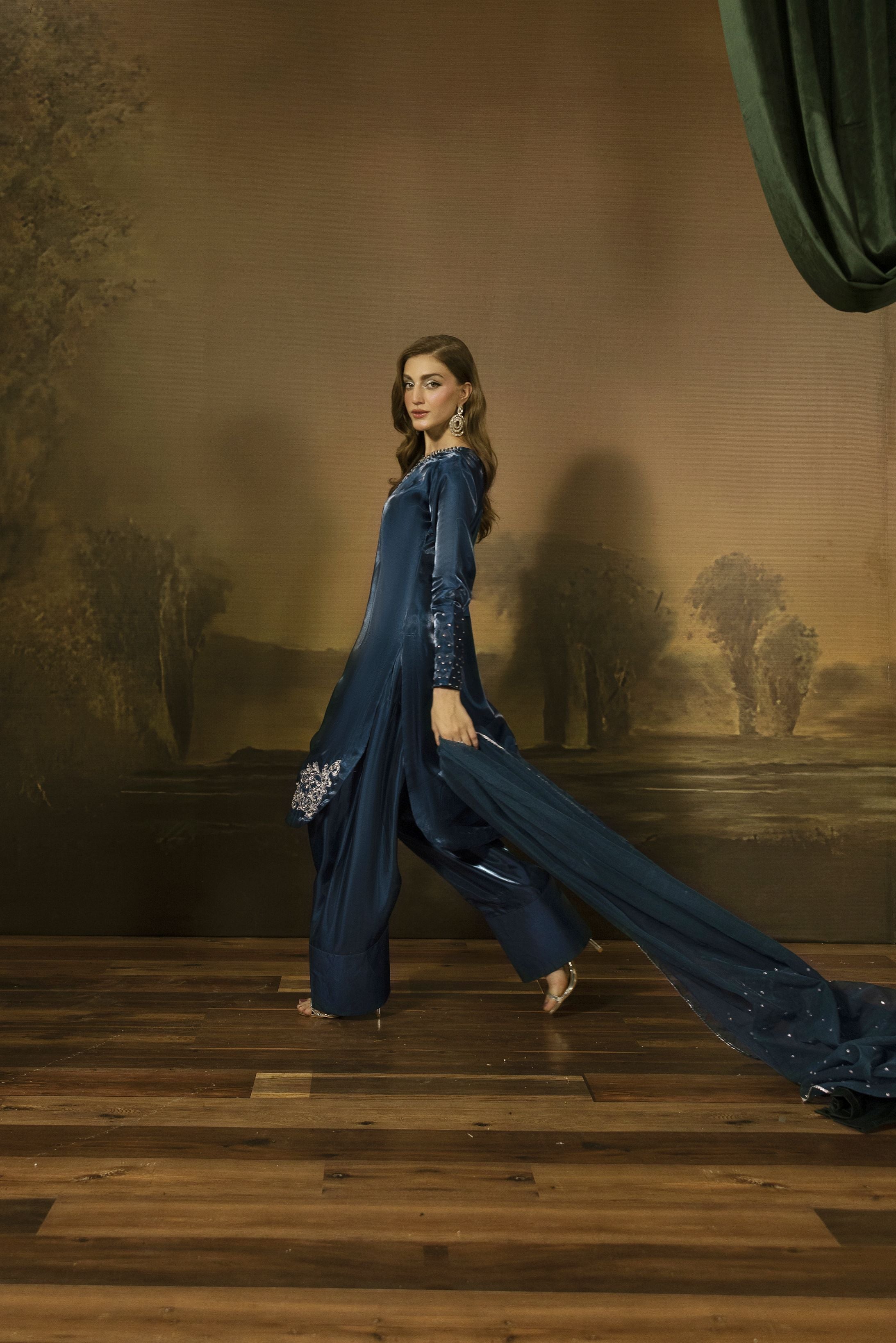 Midnight Blue Silk Farshi Shalwar Pakistani Dress - Farshi Bahaar by Mona FBM7