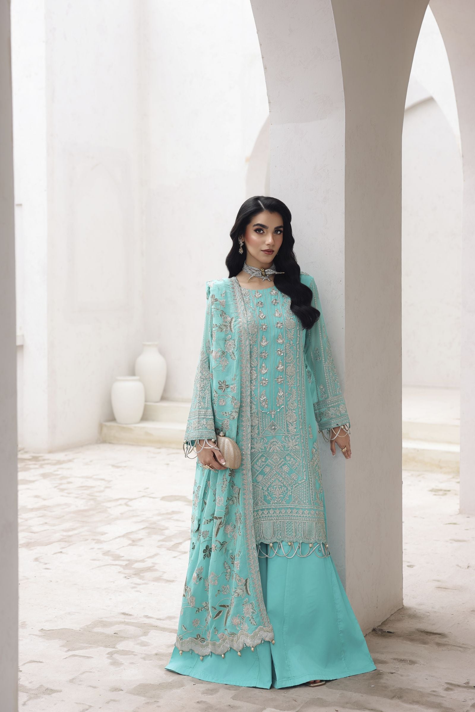 Rasm by Mona – 3pc Chiffon Embroidered Formal Dress Sharara  MKR9