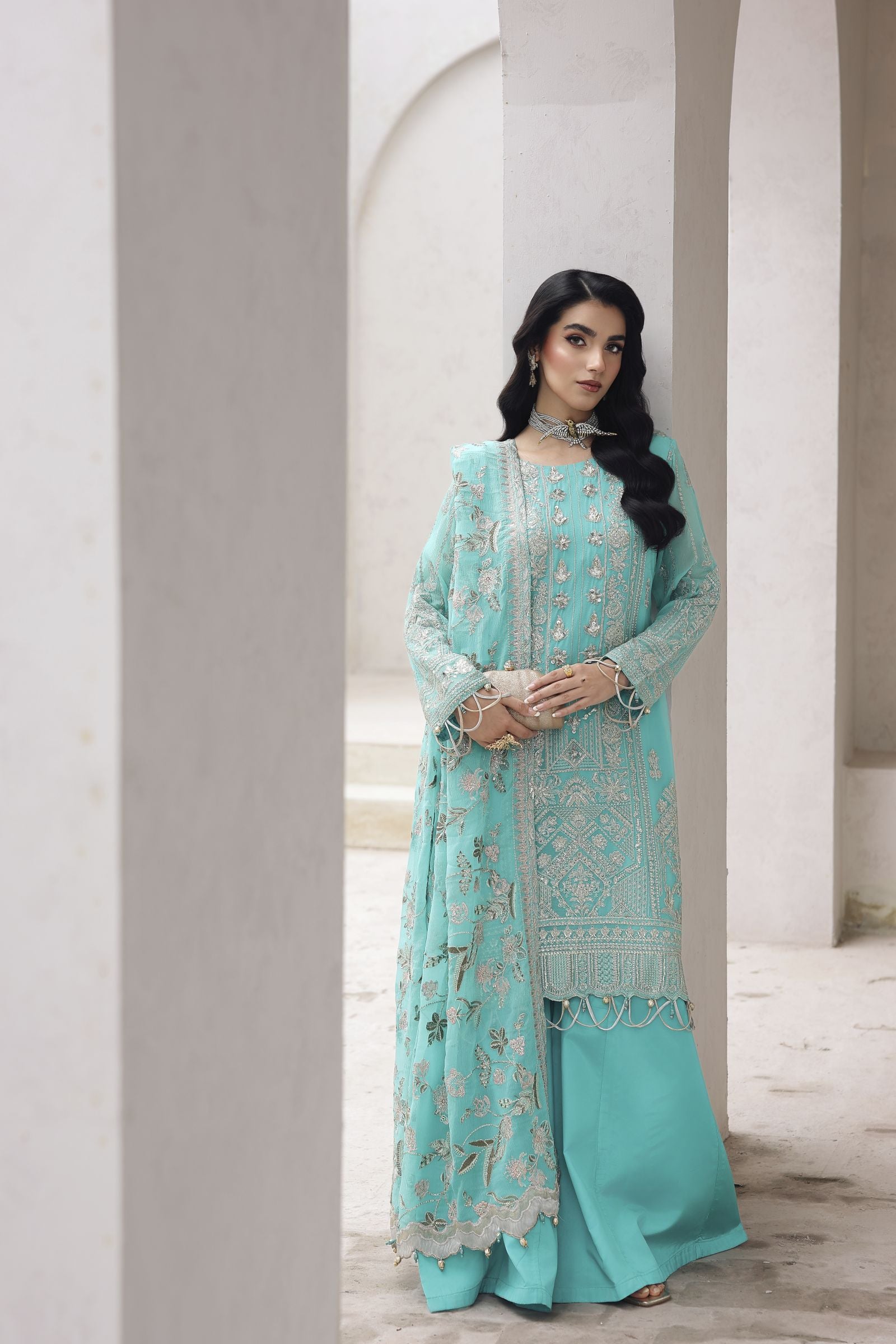 Rasm by Mona – 3pc Chiffon Embroidered Formal Dress Sharara  MKR9