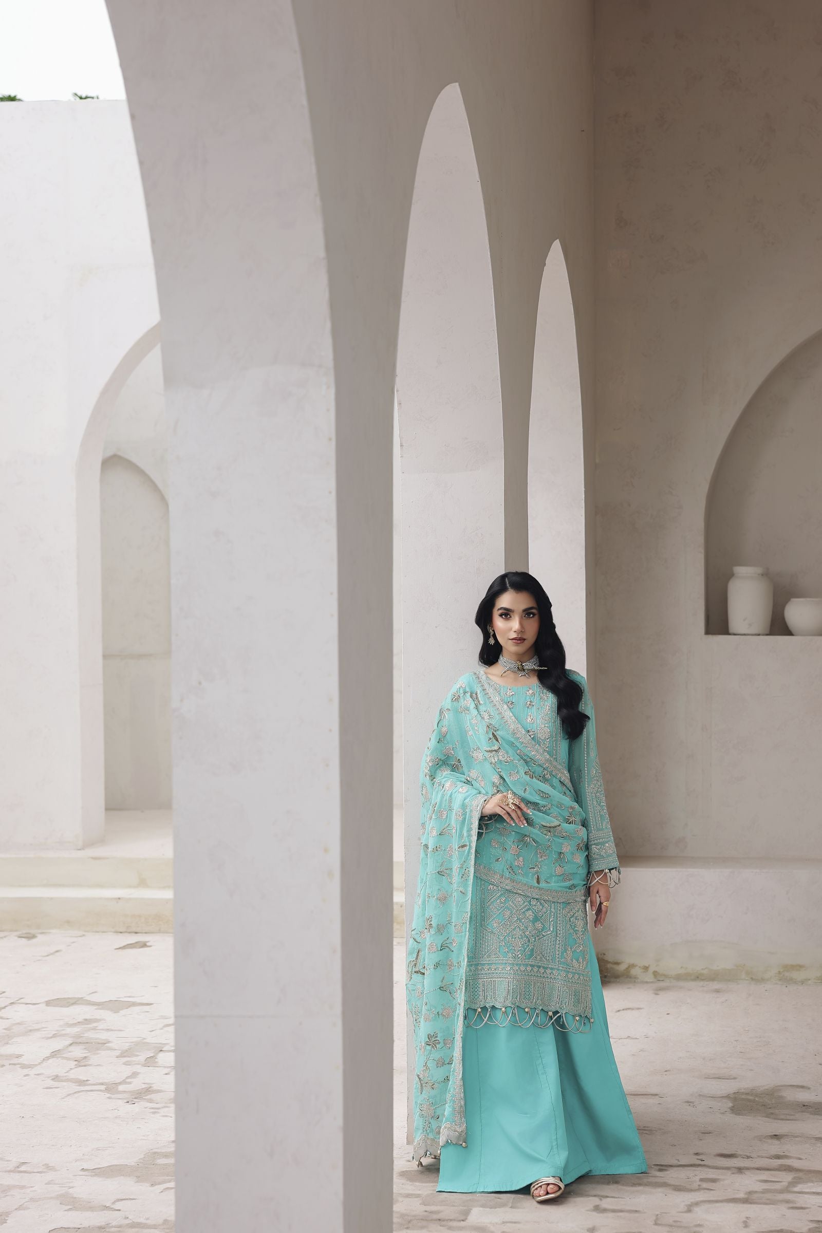 Rasm by Mona – 3pc Chiffon Embroidered Formal Dress Sharara  MKR9