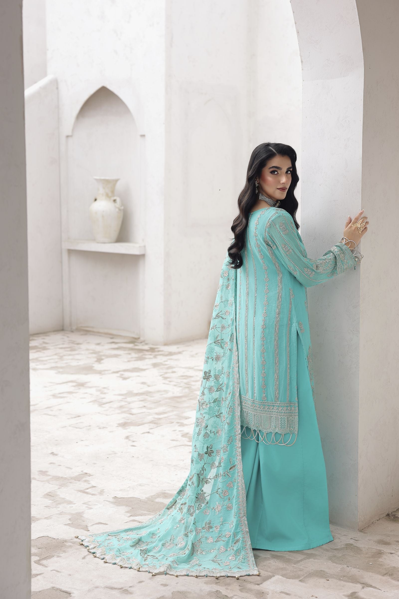 Rasm by Mona – 3pc Chiffon Embroidered Formal Dress Sharara  MKR9
