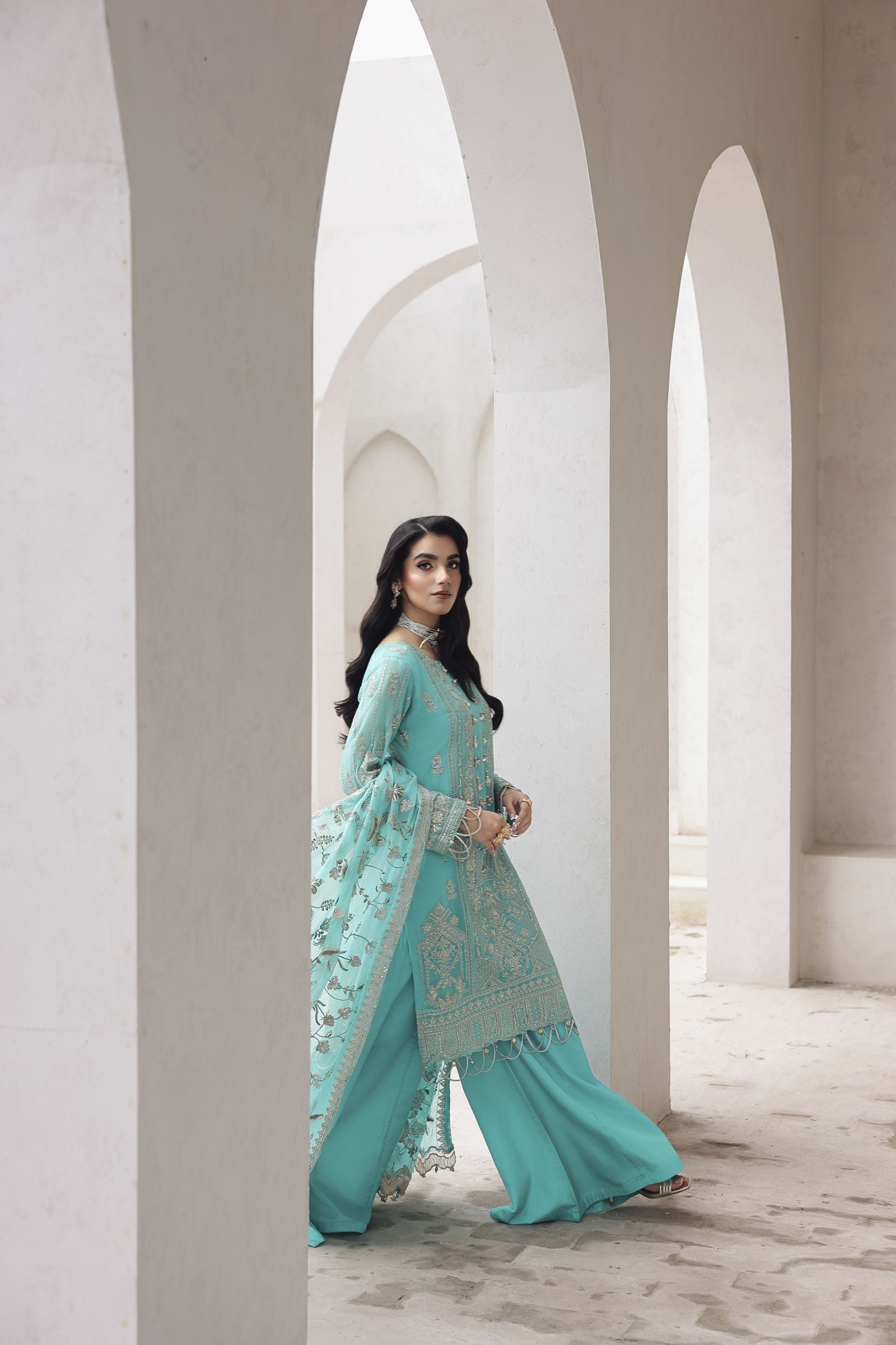 Rasm by Mona – 3pc Chiffon Embroidered Formal Dress Sharara  MKR9