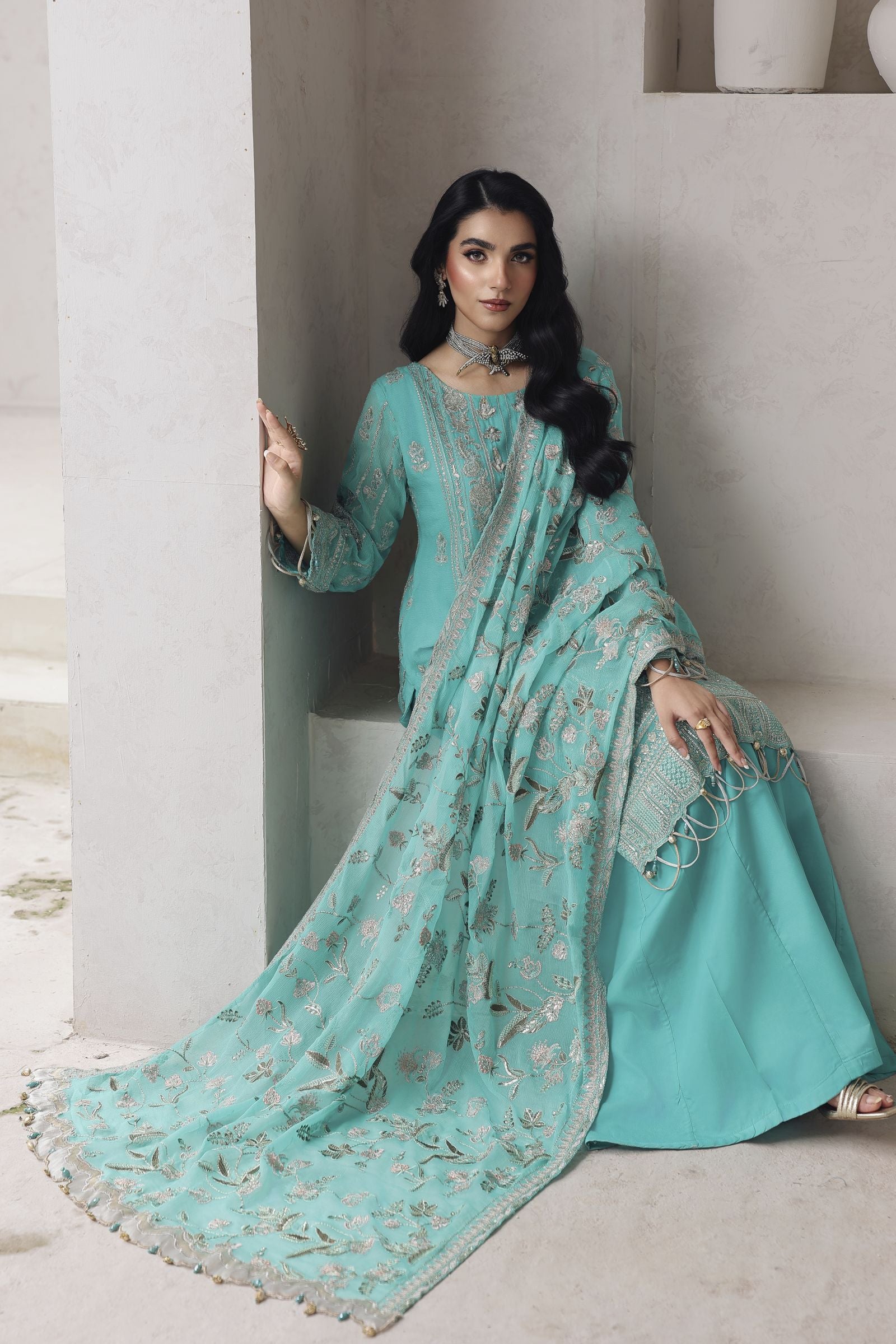 Rasm by Mona – 3pc Chiffon Embroidered Formal Dress Sharara  MKR9