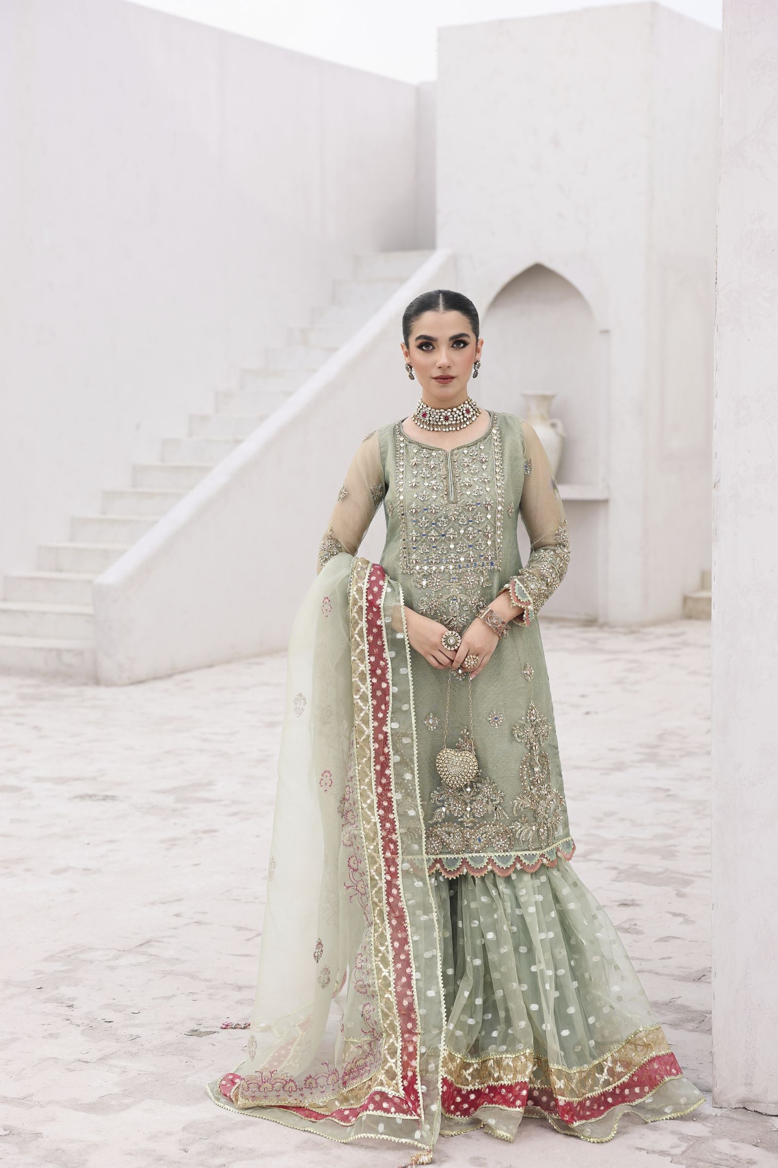Rasm by Mona – 3pc Net Dress with Lurex Gharara MKR16