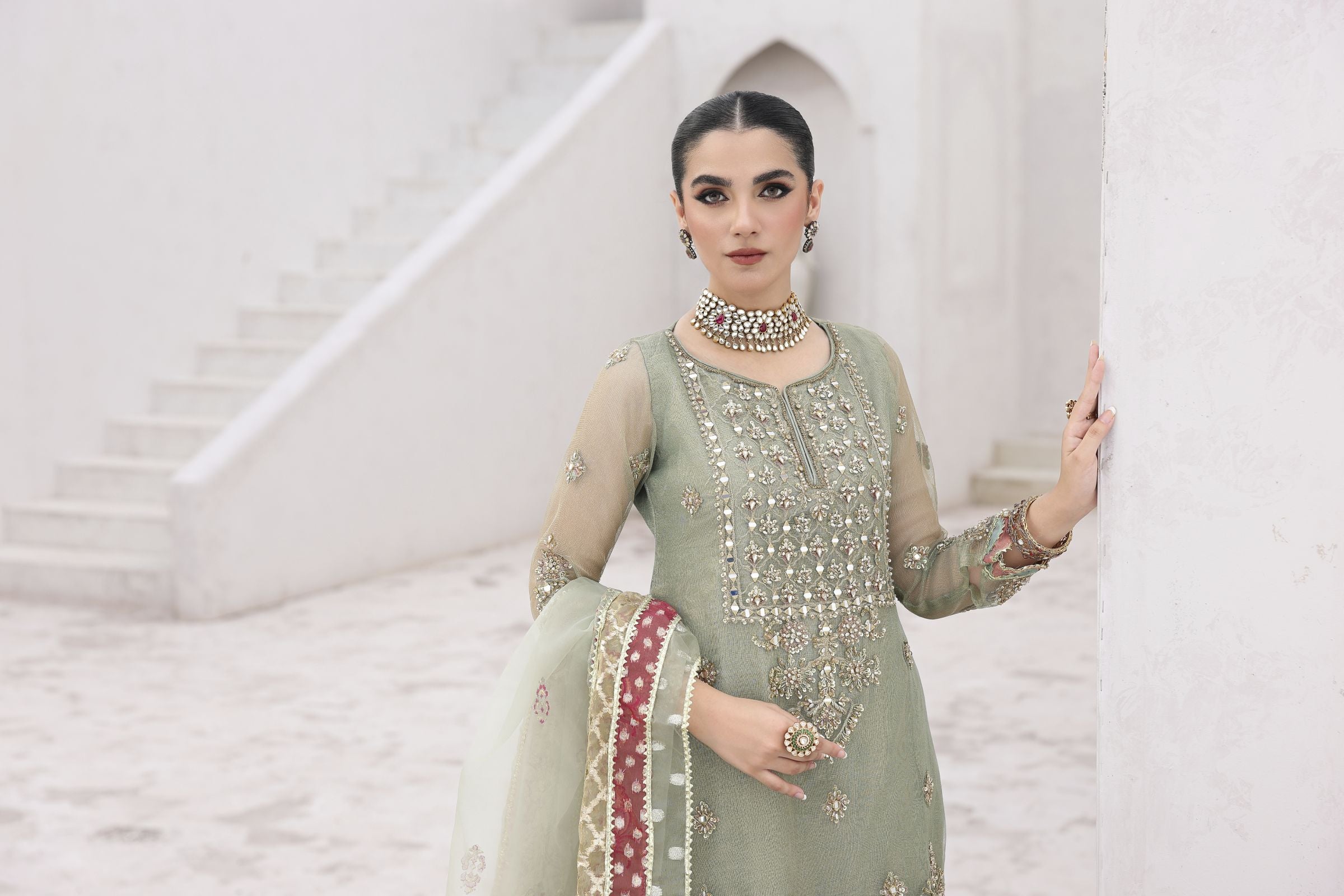 Rasm by Mona – 3pc Net Dress with Lurex Gharara MKR16