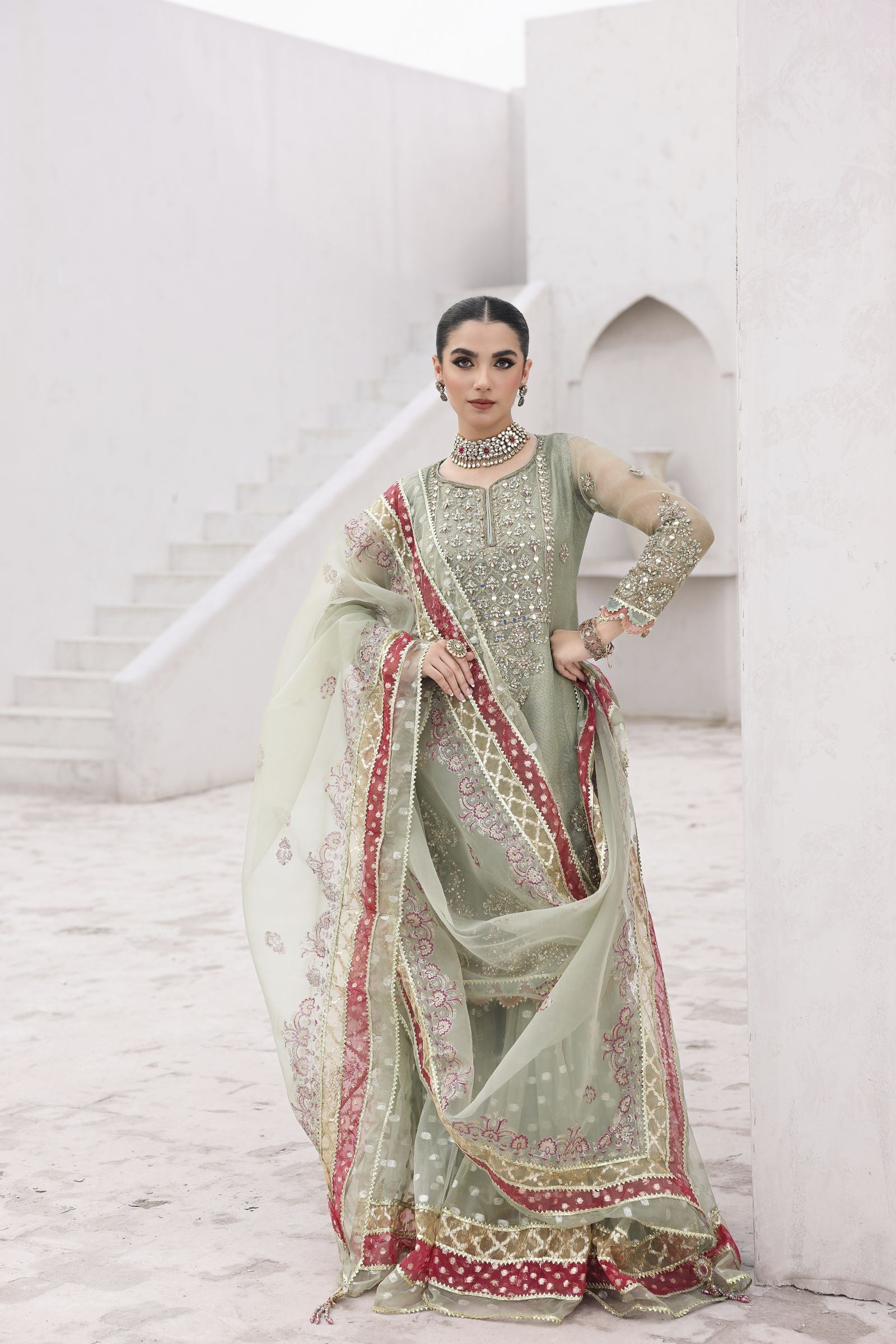 Rasm by Mona – 3pc Net Dress with Lurex Gharara MKR16