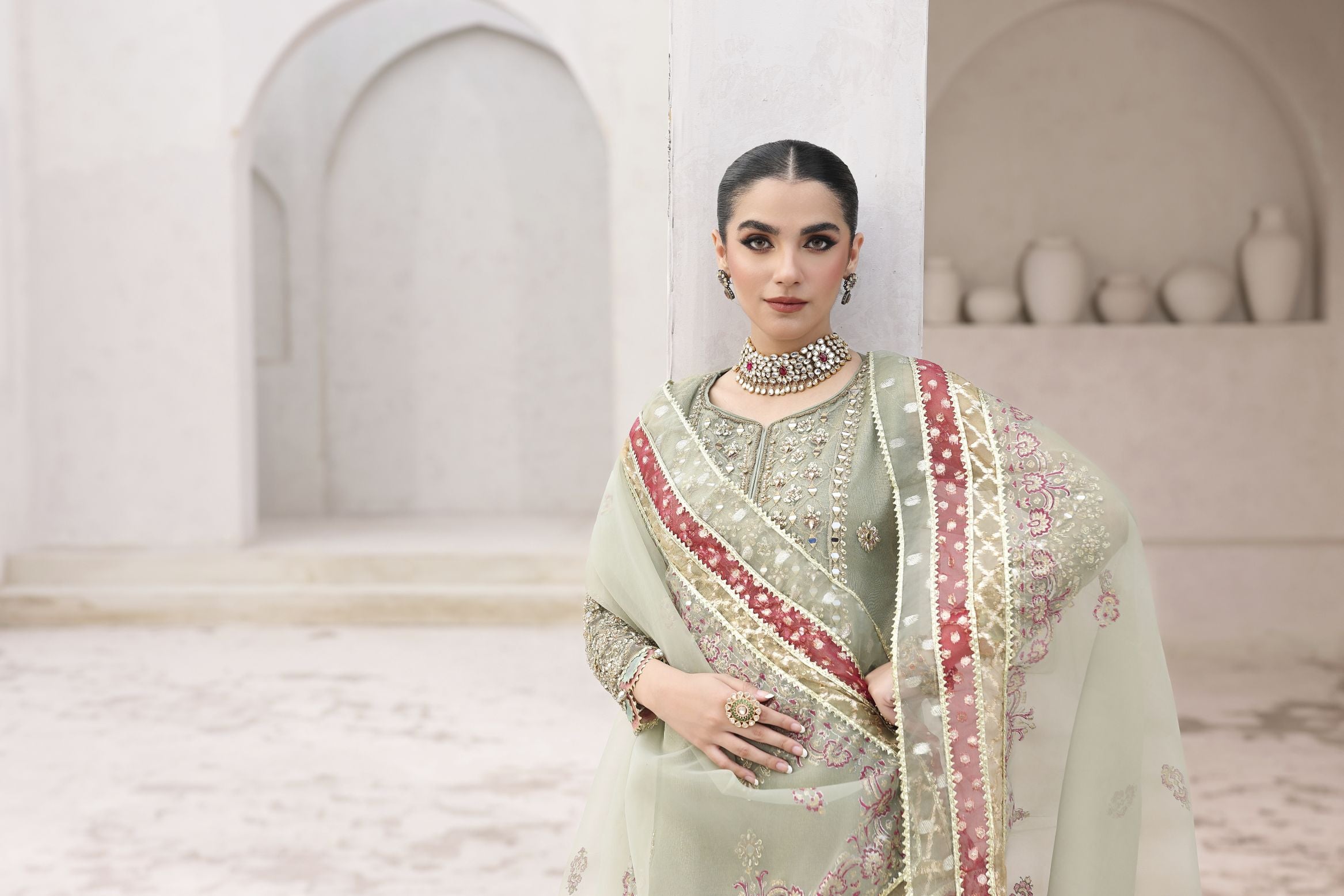 Rasm by Mona – 3pc Net Dress with Lurex Gharara MKR16