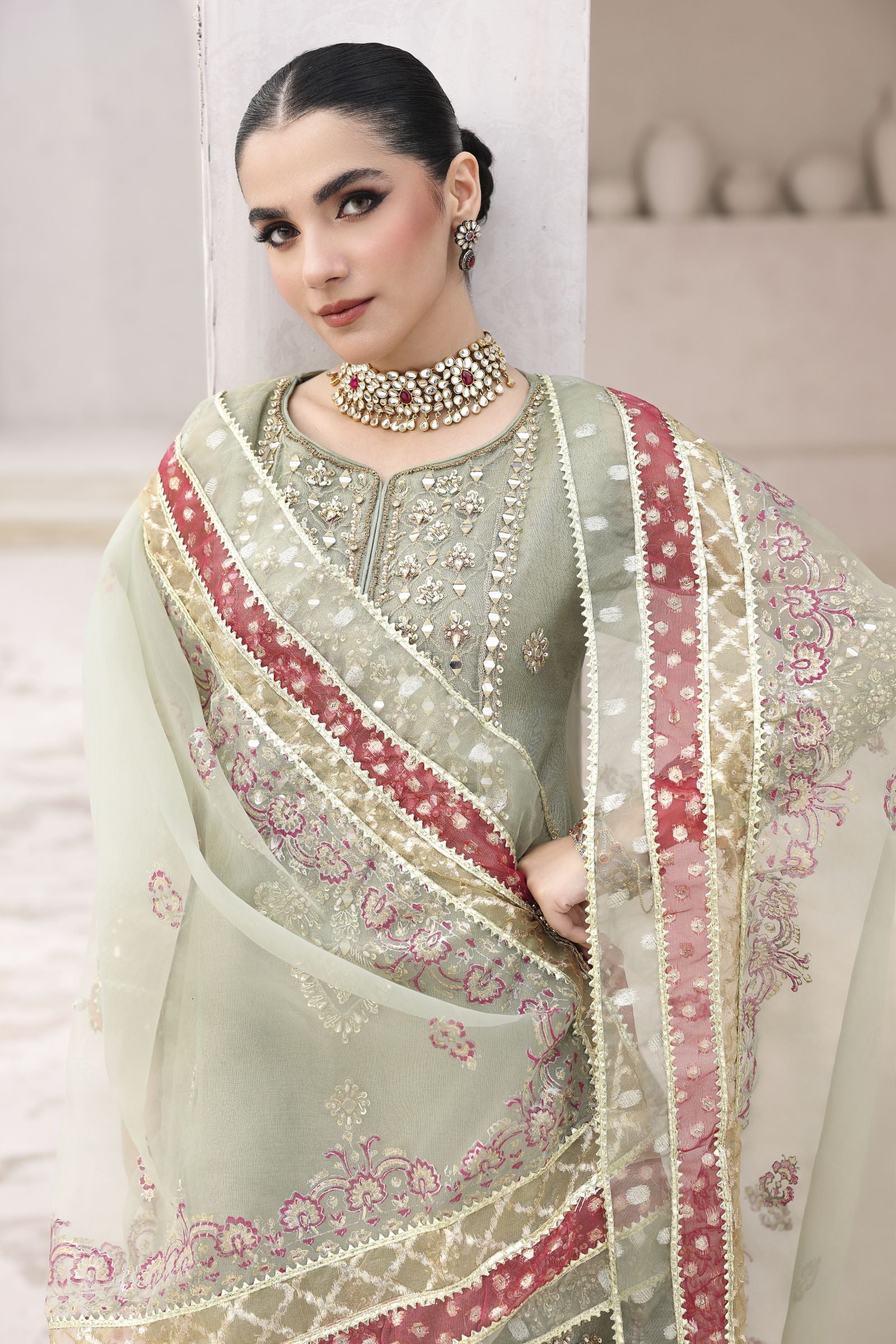 Rasm by Mona – 3pc Net Dress with Lurex Gharara MKR16