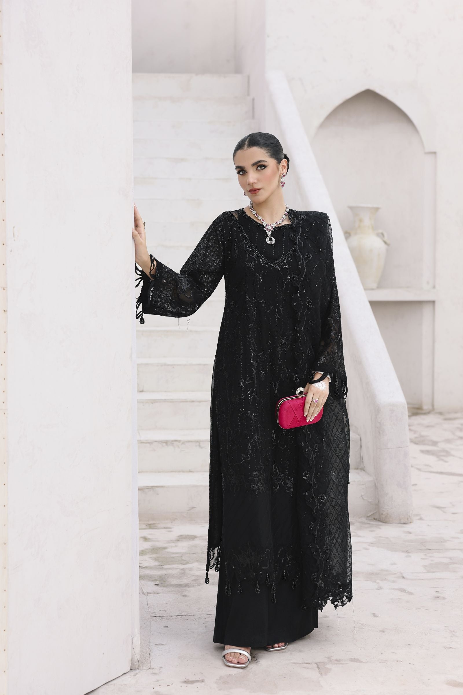 Rasm by Mona – 3pc Chiffon Dress with Palazzo Trousers MKR15