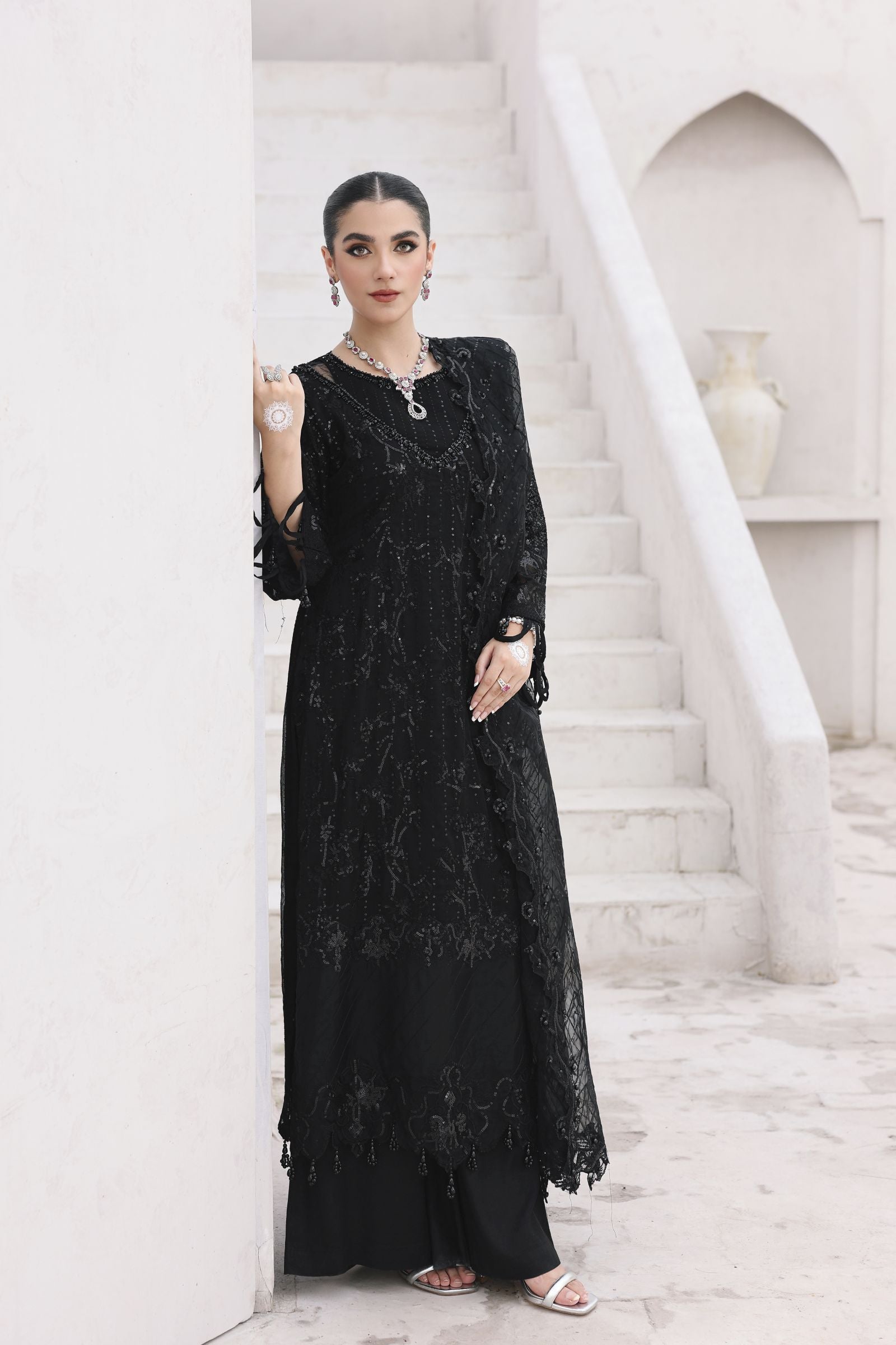 Rasm by Mona – 3pc Chiffon Dress with Palazzo Trousers MKR15