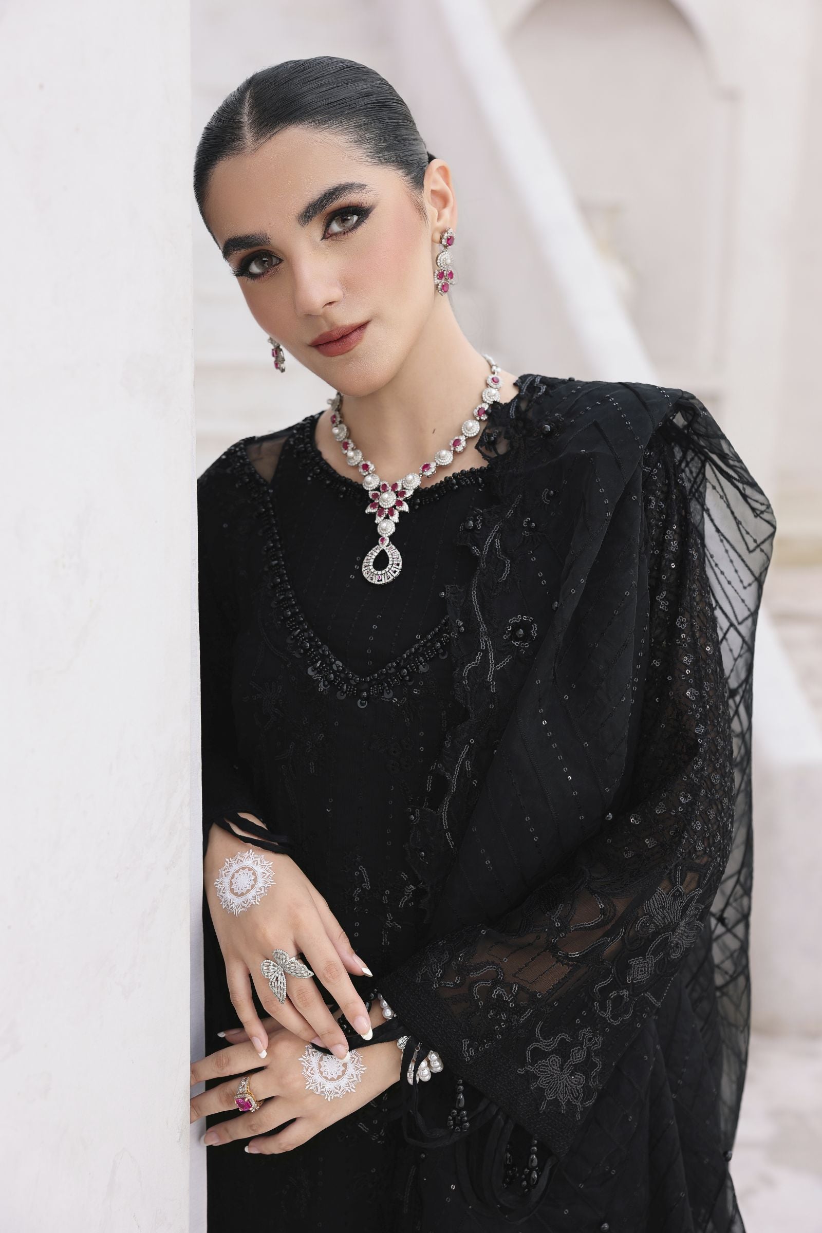 Rasm by Mona – 3pc Chiffon Dress with Palazzo Trousers MKR15