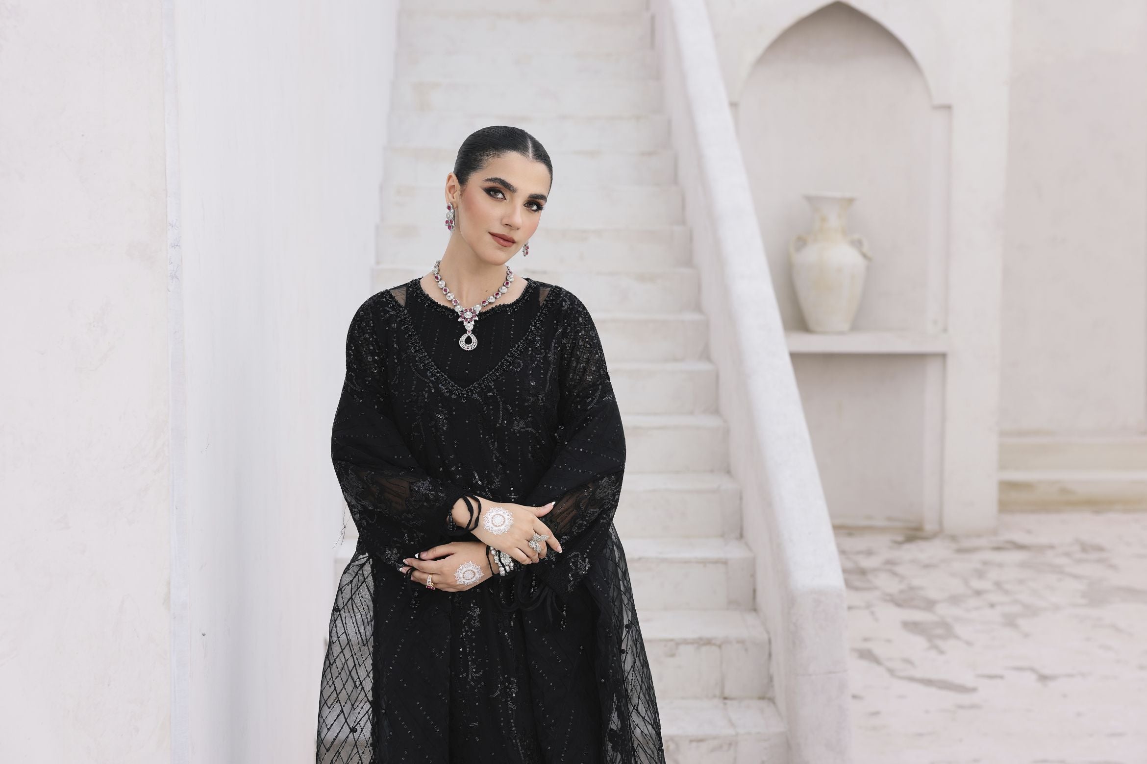 Rasm by Mona – 3pc Chiffon Dress with Palazzo Trousers MKR15