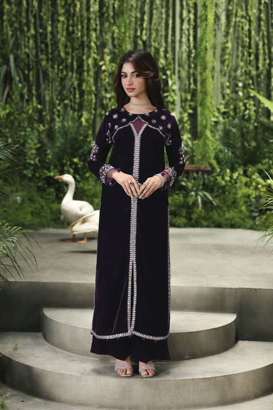 Velvet Story by Ain – Deep Purple Embroidered Velvet Dress VSA2
