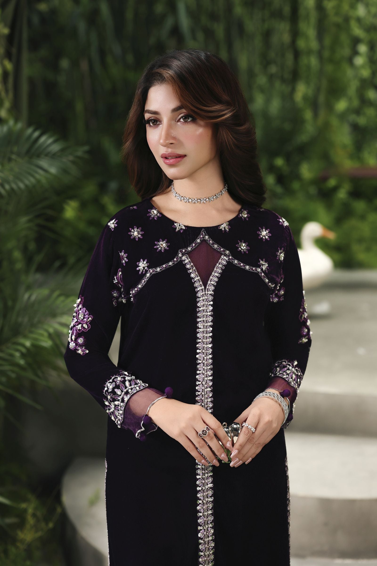 Velvet Story by Ain – Deep Purple Embroidered Velvet Dress VSA2
