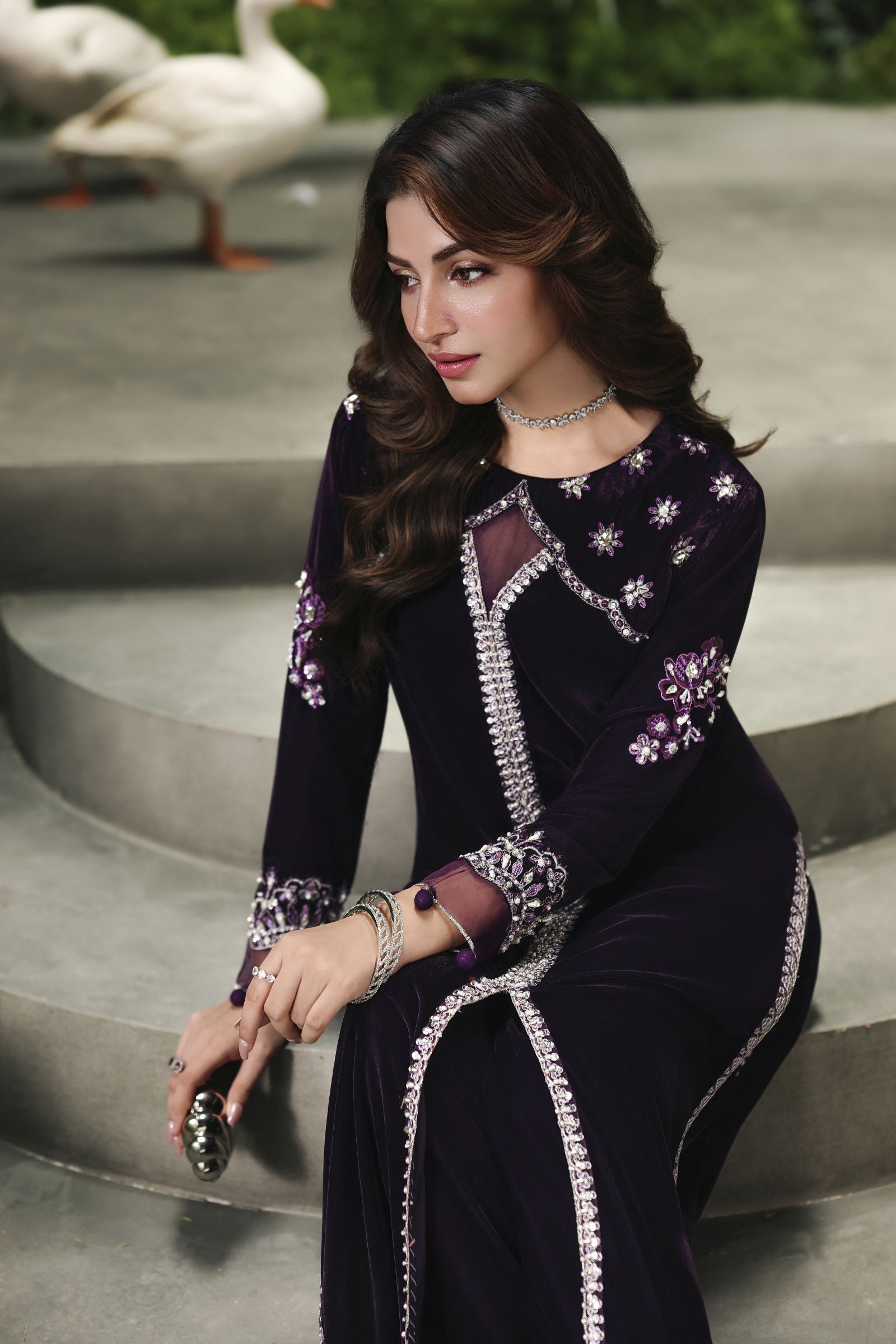 Velvet Story by Ain – Deep Purple Embroidered Velvet Dress VSA2