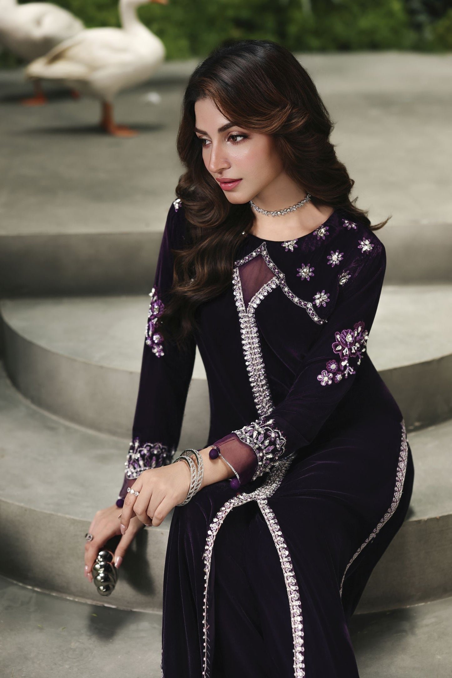 Velvet Story by Ain – Deep Purple Embroidered Velvet Dress VSA2