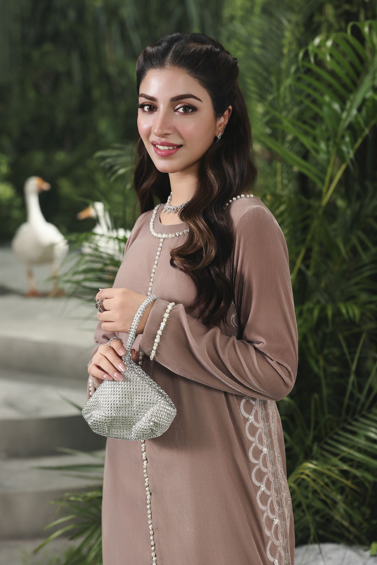 Velvet Story by Ain – Embellished Taupe Velvet Dress VSA3