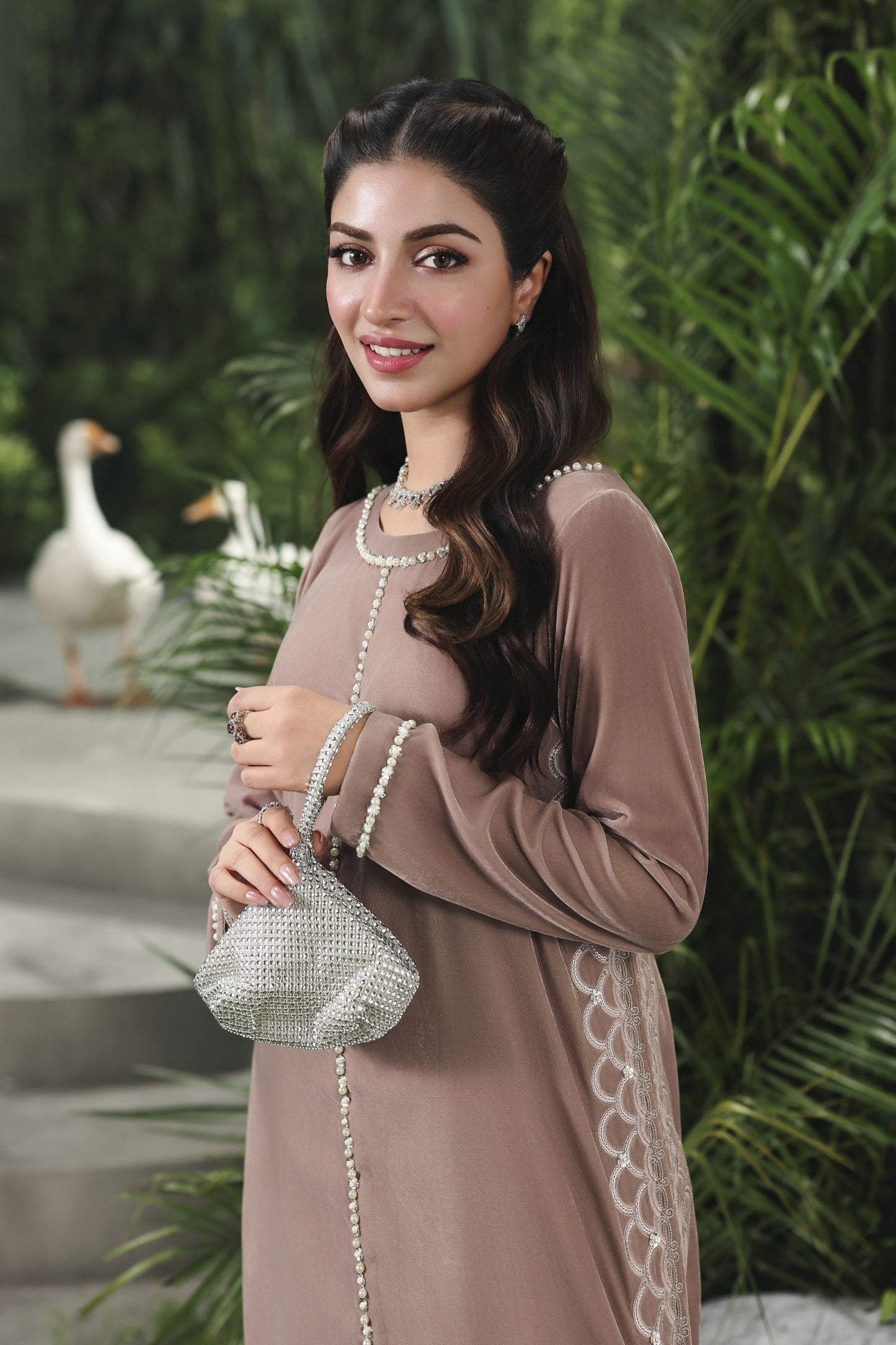 Velvet Story by Ain – Embellished Taupe Velvet Dress VSA3