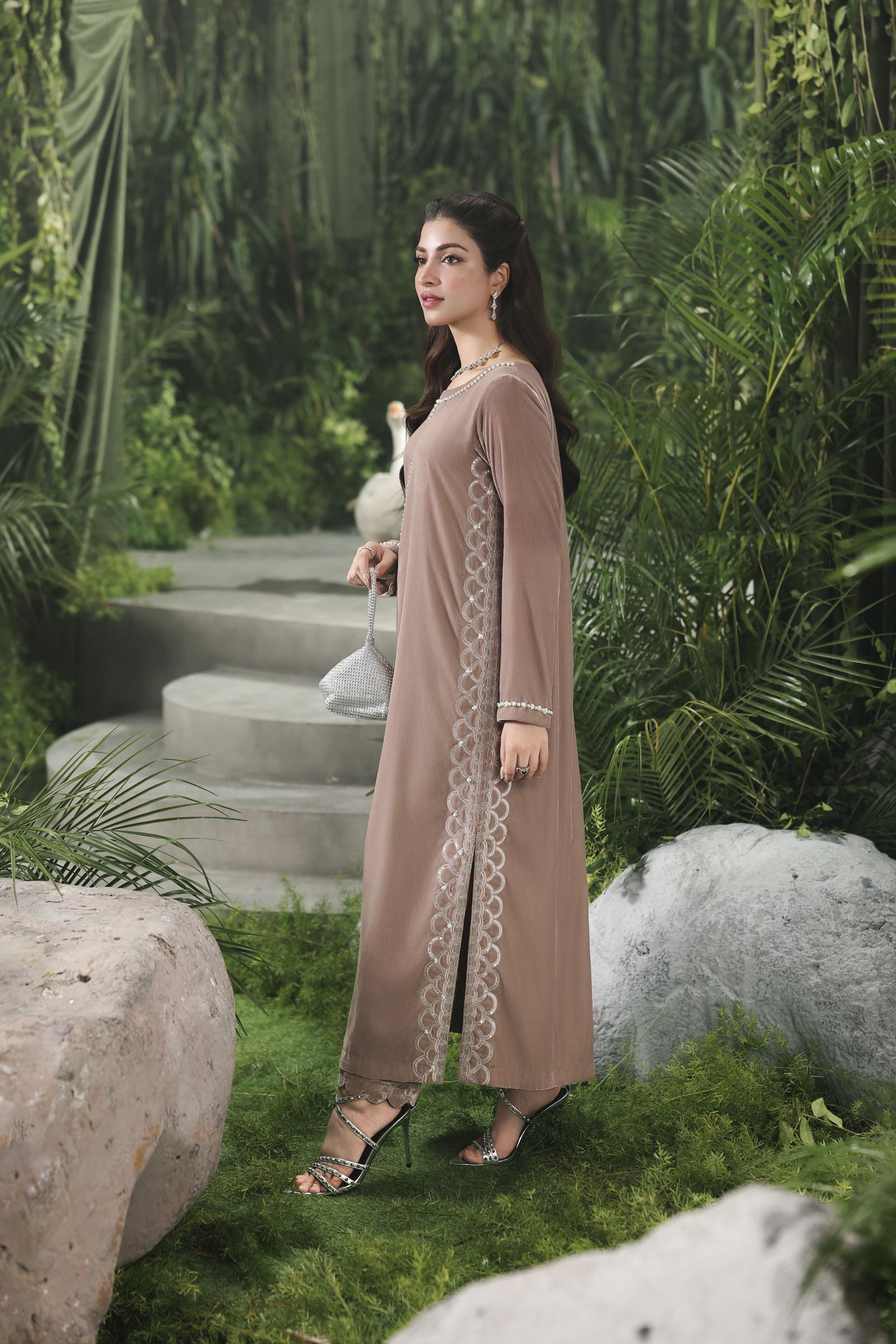 Velvet Story by Ain – Embellished Taupe Velvet Dress VSA3