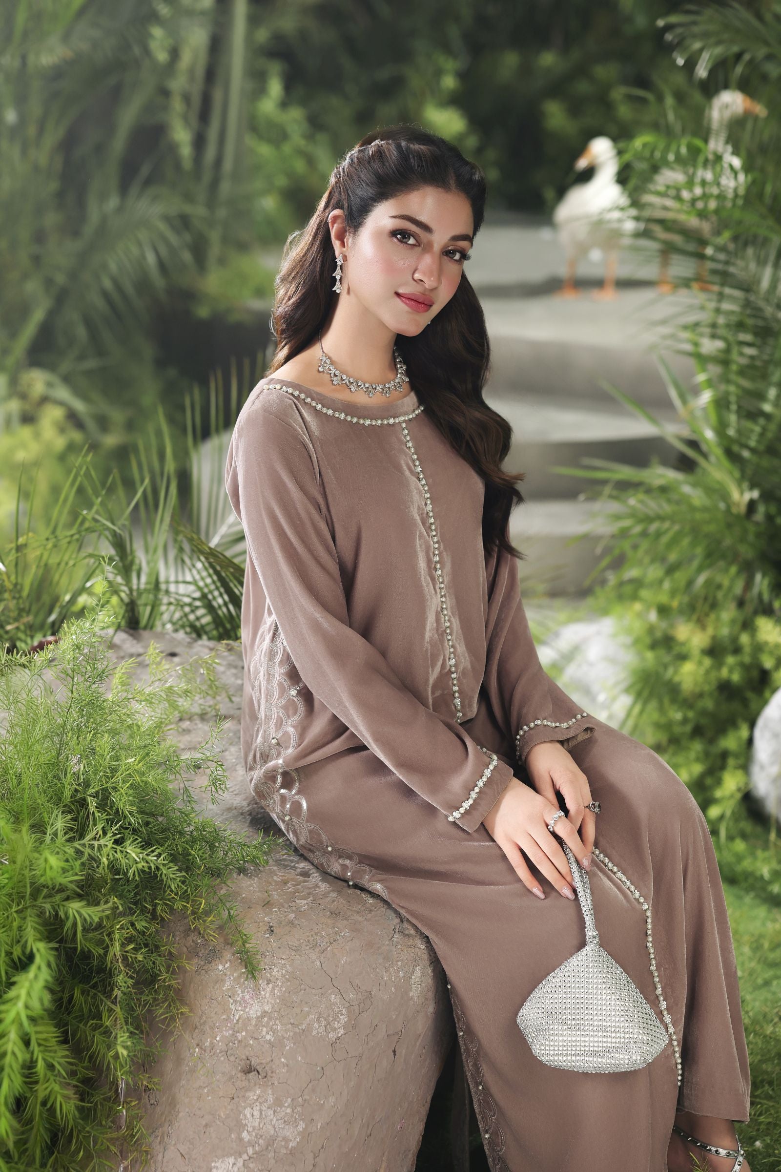 Velvet Story by Ain – Embellished Taupe Velvet Dress VSA3