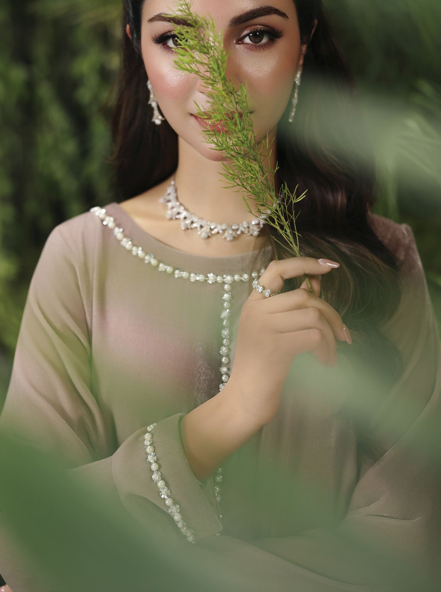 Velvet Story by Ain – Embellished Taupe Velvet Dress VSA3