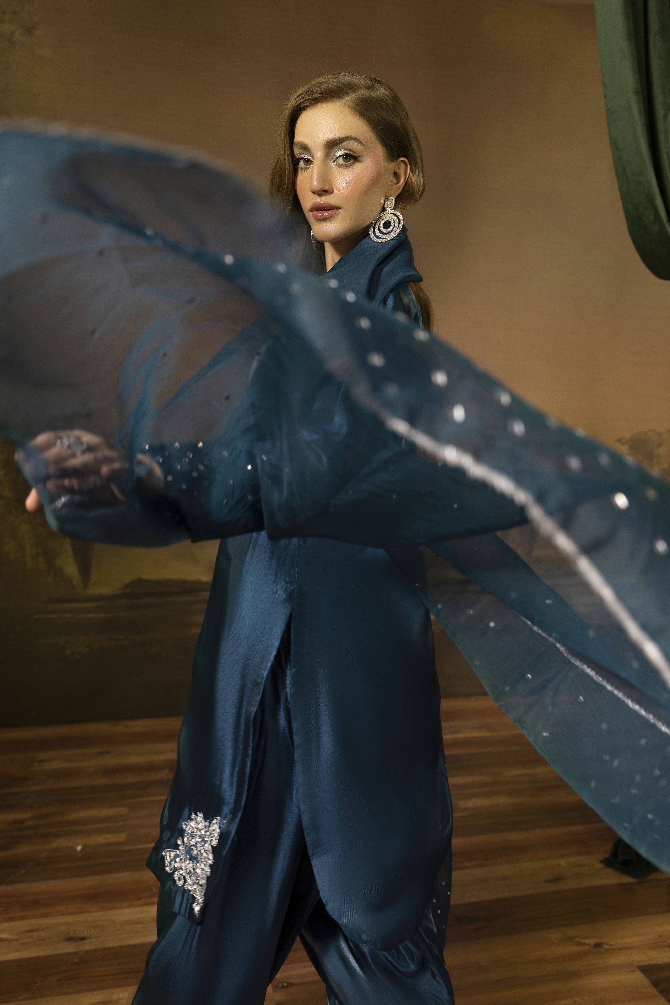 Midnight Blue Silk Farshi Shalwar Pakistani Dress - Farshi Bahaar by Mona FBM7