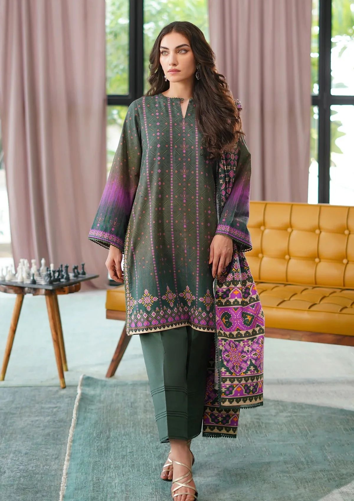 Winter Weaves by Sahar – 3pc Printed Khaddar Suit with Lace Detailing WWS6