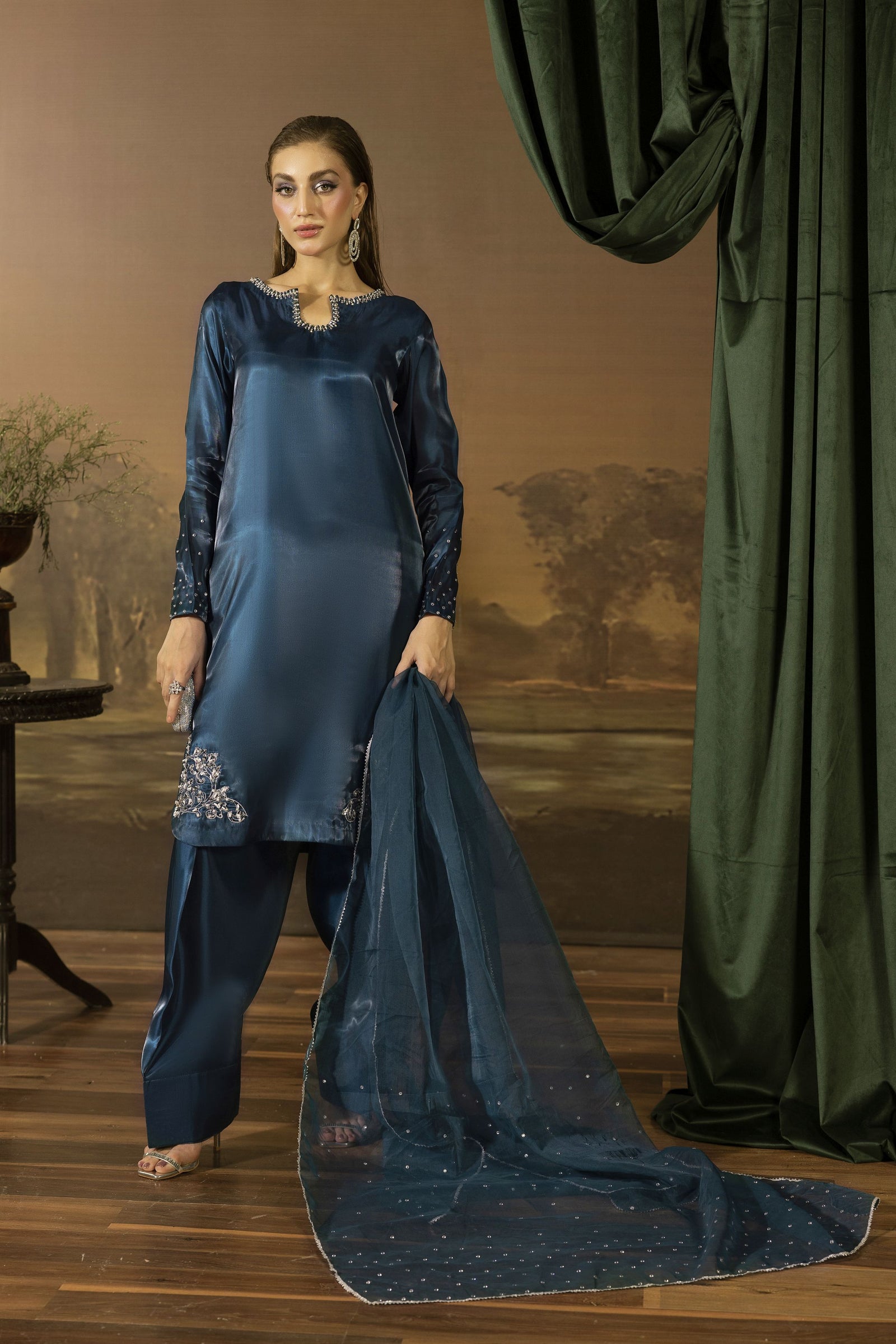 Midnight Blue Silk Farshi Shalwar Pakistani Dress - Farshi Bahaar by M Midnight Blue Silk Farshi Shalwar Pakistani Dress - Farshi Bahaar by M