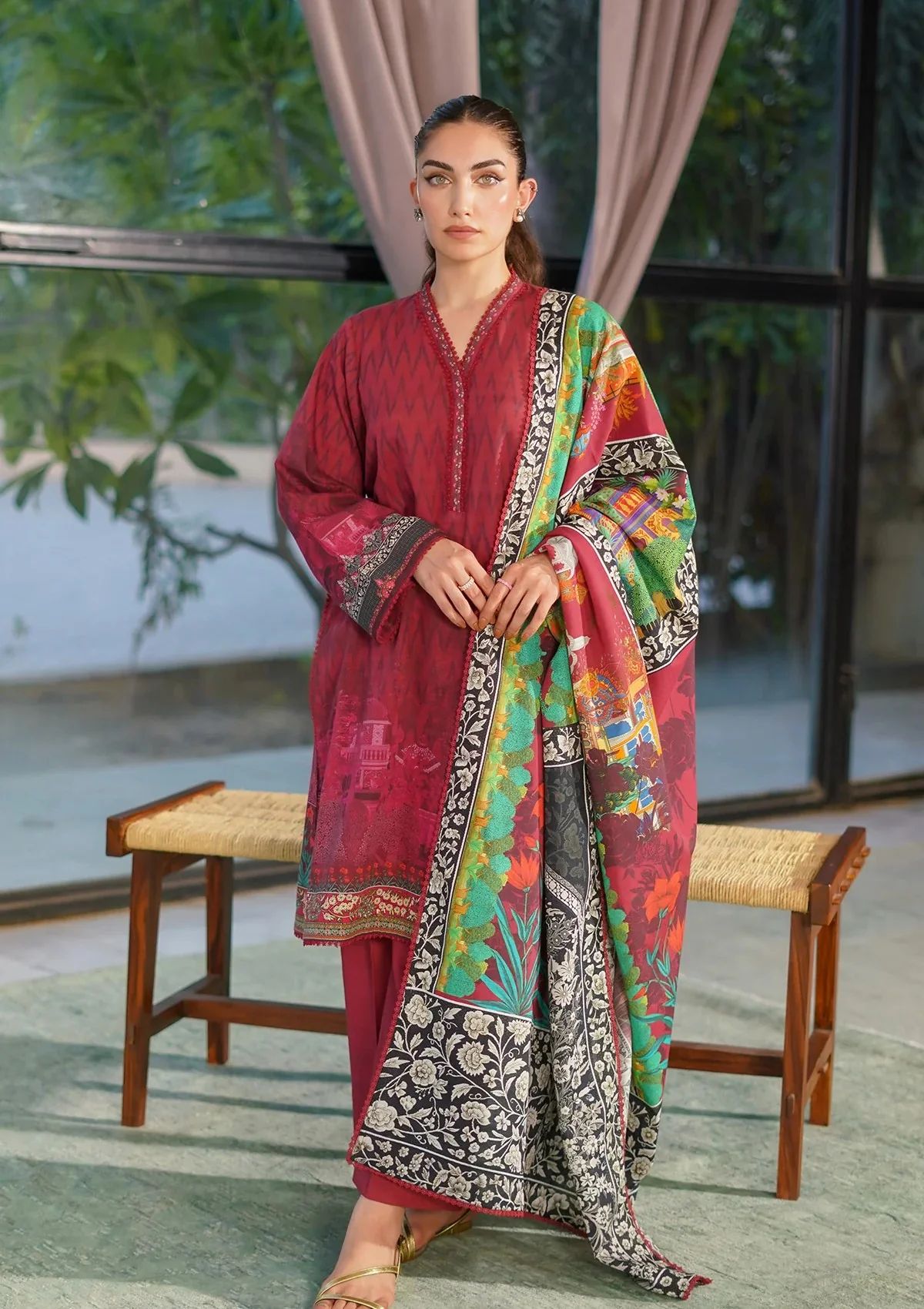 Winter Weaves by Sahar – 3pc Floral Printed Khaddar Suit with Lace Detailing WWS7
