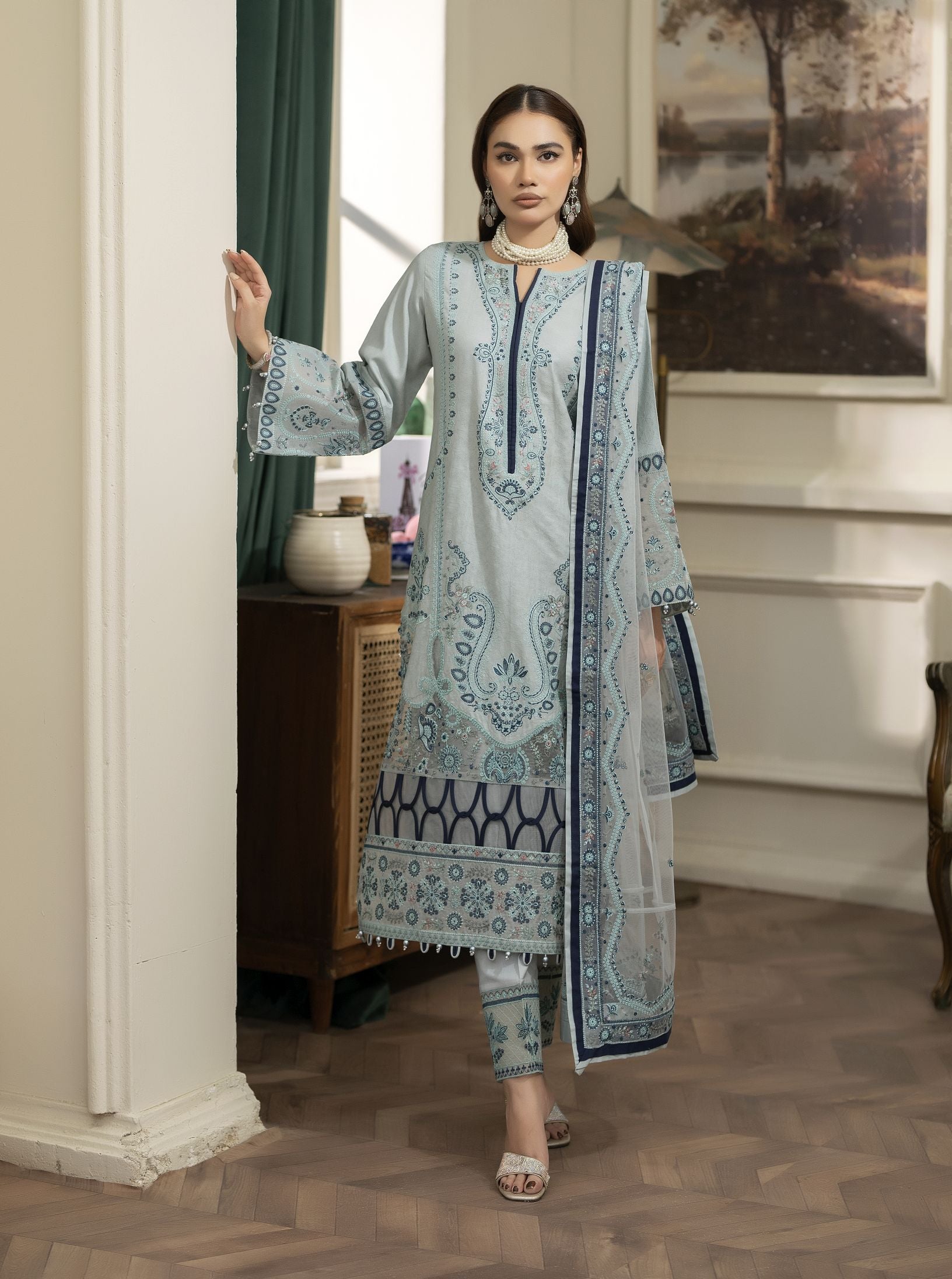 Embroidered Cotton Jacquard Suit with Pearl Detail and Net Dupatta Reet by Mona RBY2