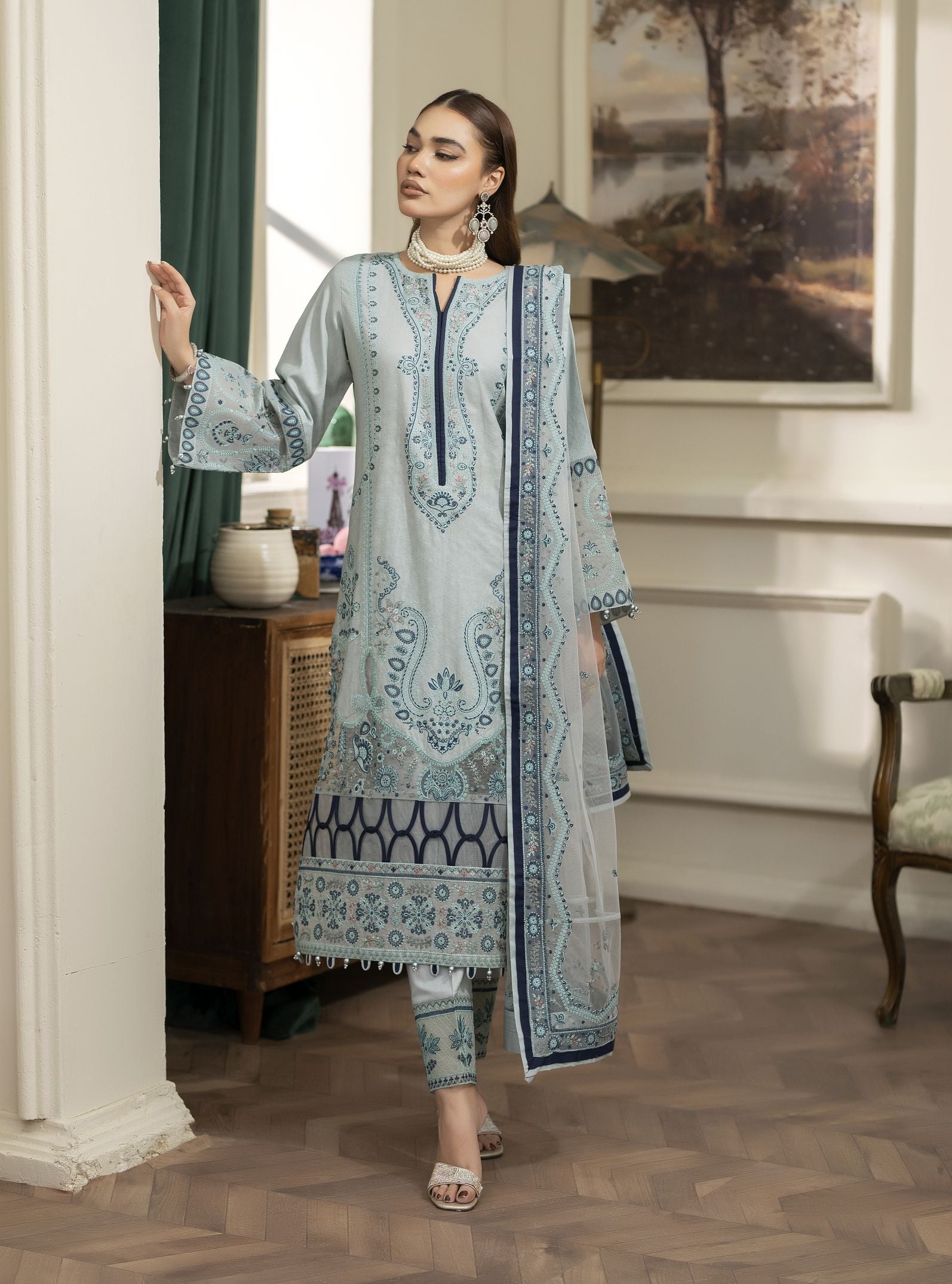 Embroidered Cotton Jacquard Suit with Pearl Detail and Net Dupatta Reet by Mona RBY2
