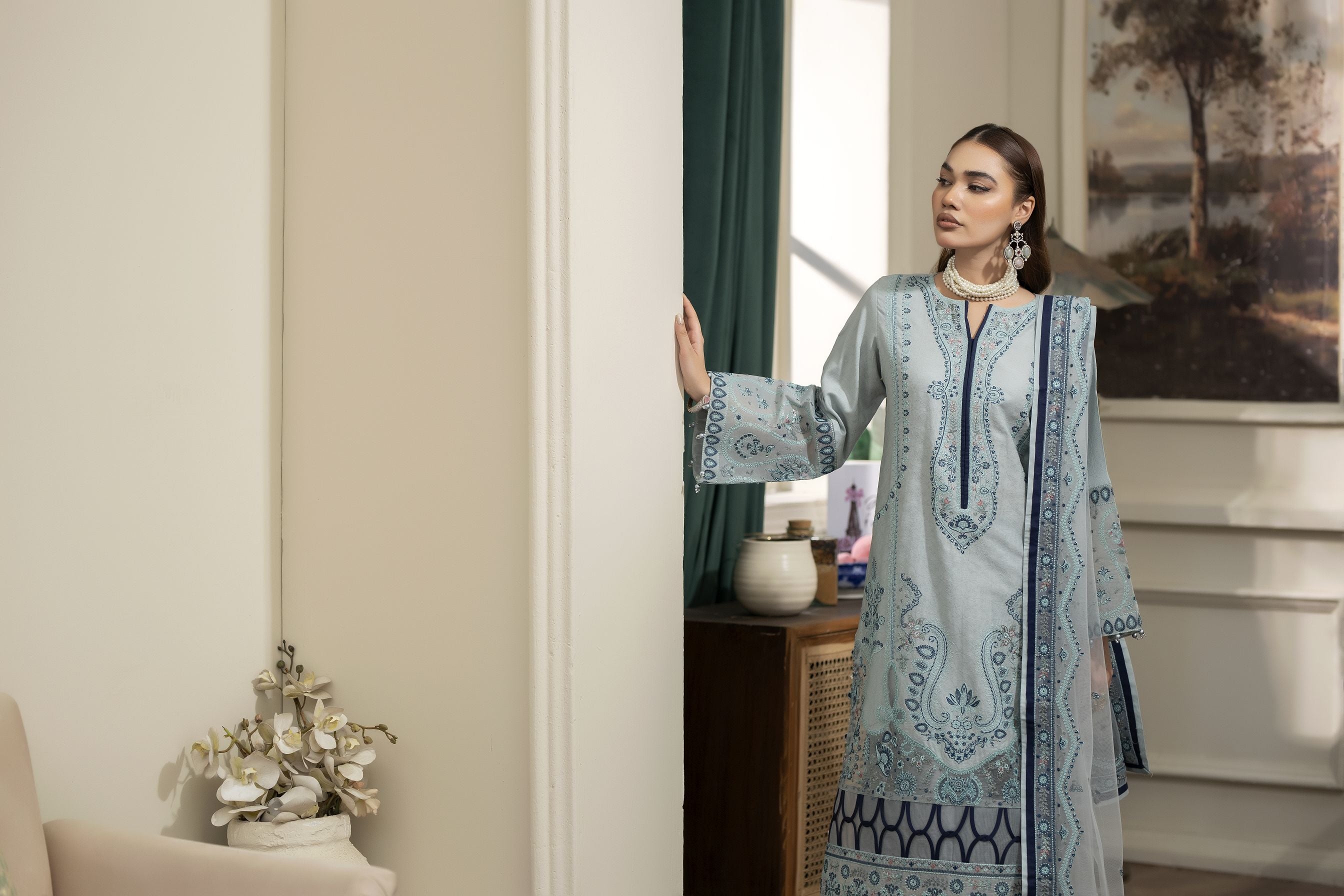 Embroidered Cotton Jacquard Suit with Pearl Detail and Net Dupatta Reet by Mona RBY2