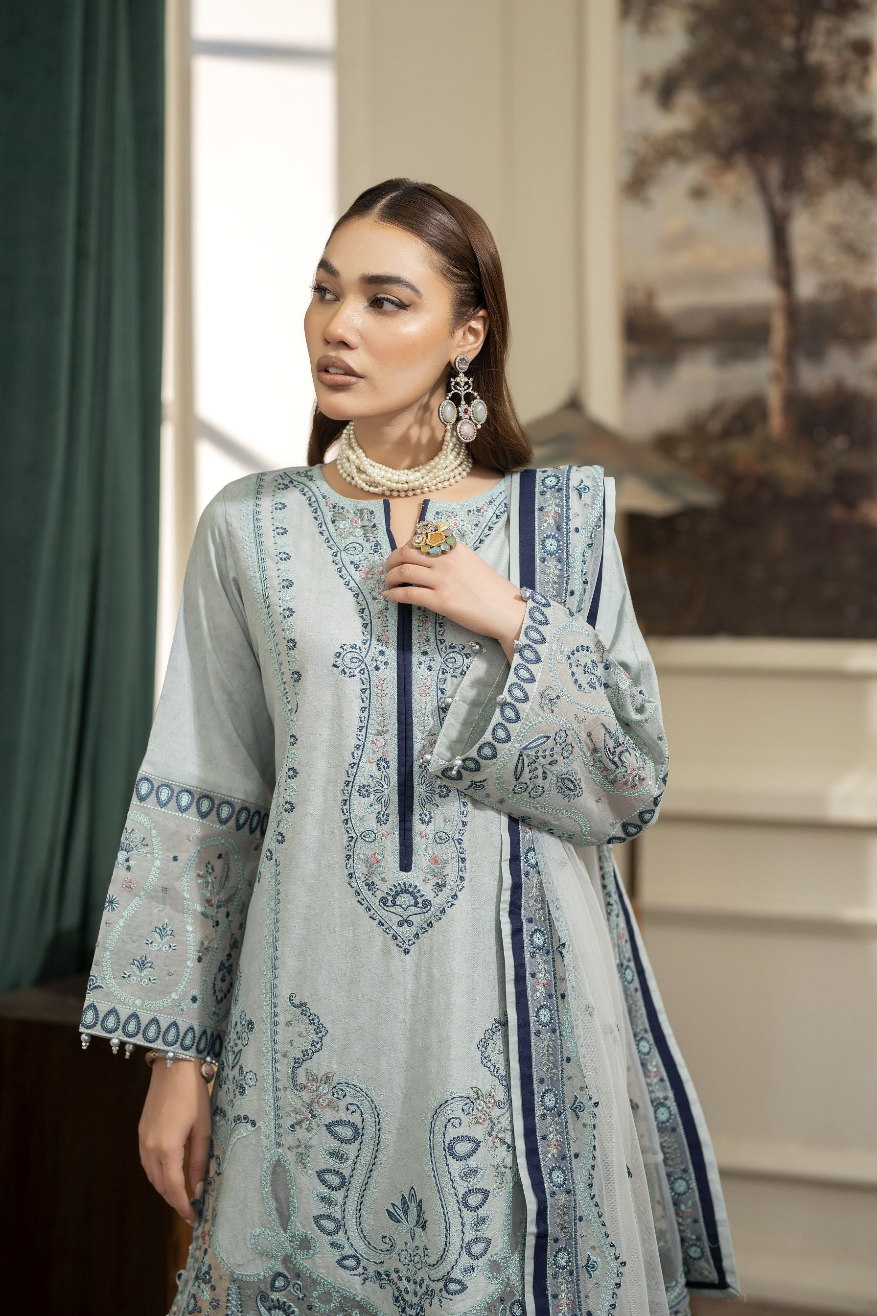 Embroidered Cotton Jacquard Suit with Pearl Detail and Net Dupatta Reet by Mona RBY2