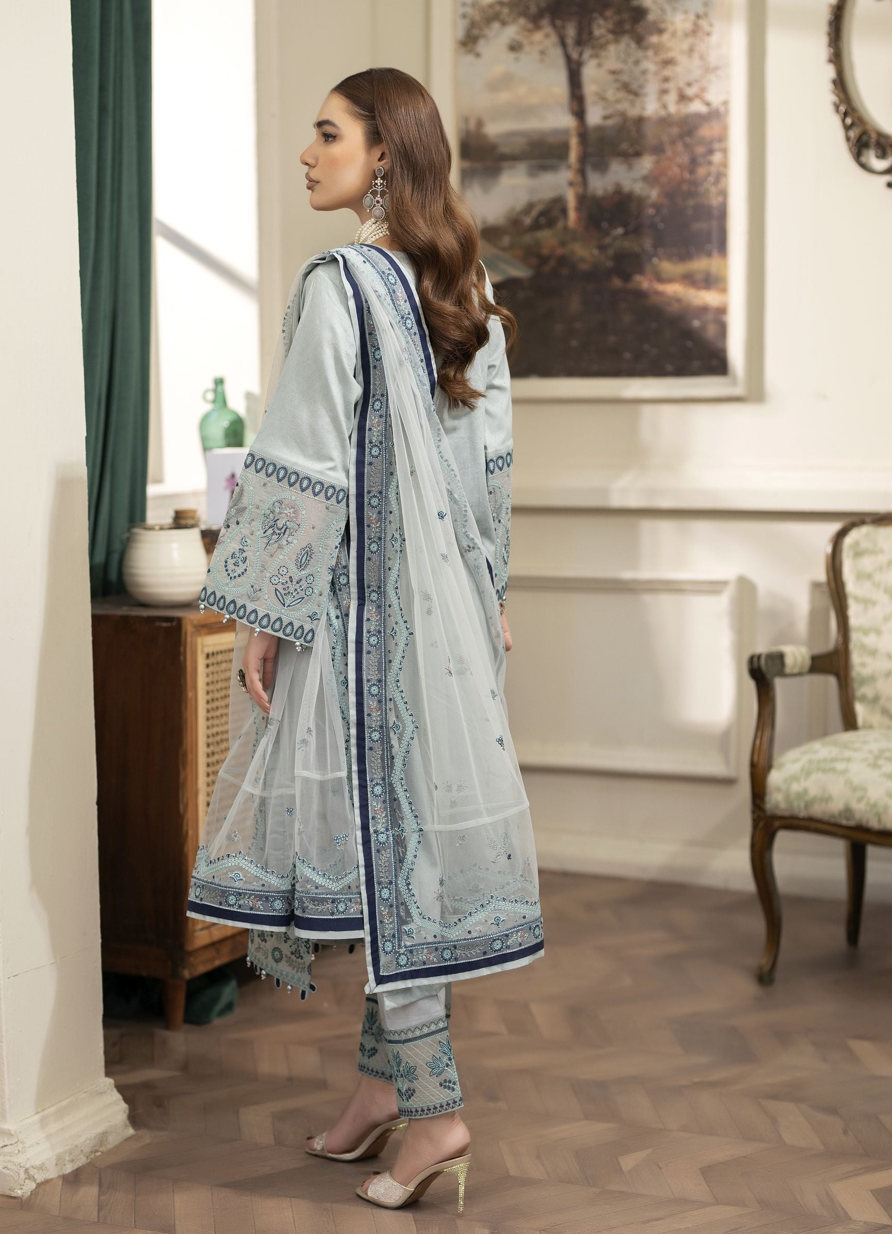 Embroidered Cotton Jacquard Suit with Pearl Detail and Net Dupatta Reet by Mona RBY2