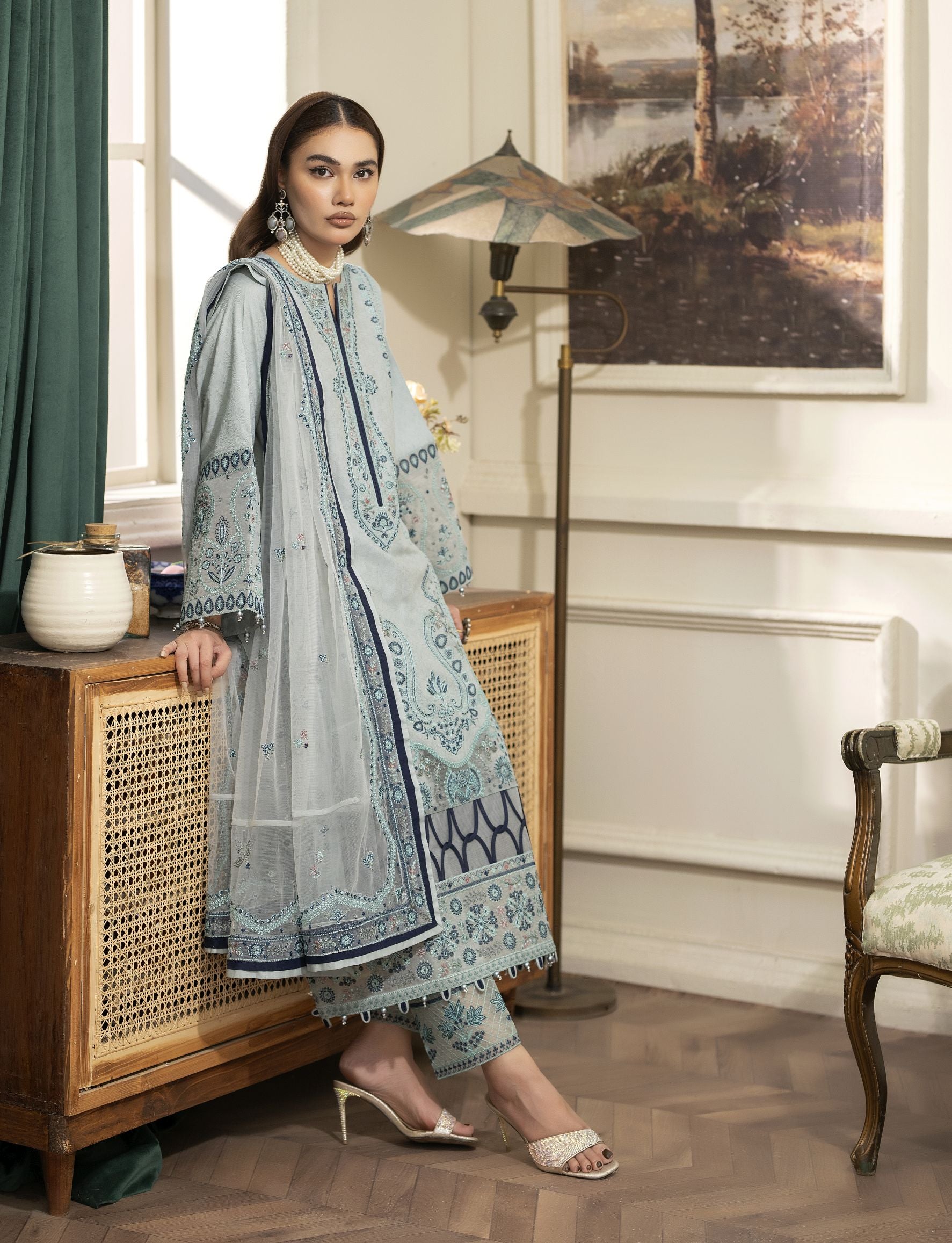 Embroidered Cotton Jacquard Suit with Pearl Detail and Net Dupatta Reet by Mona RBY2