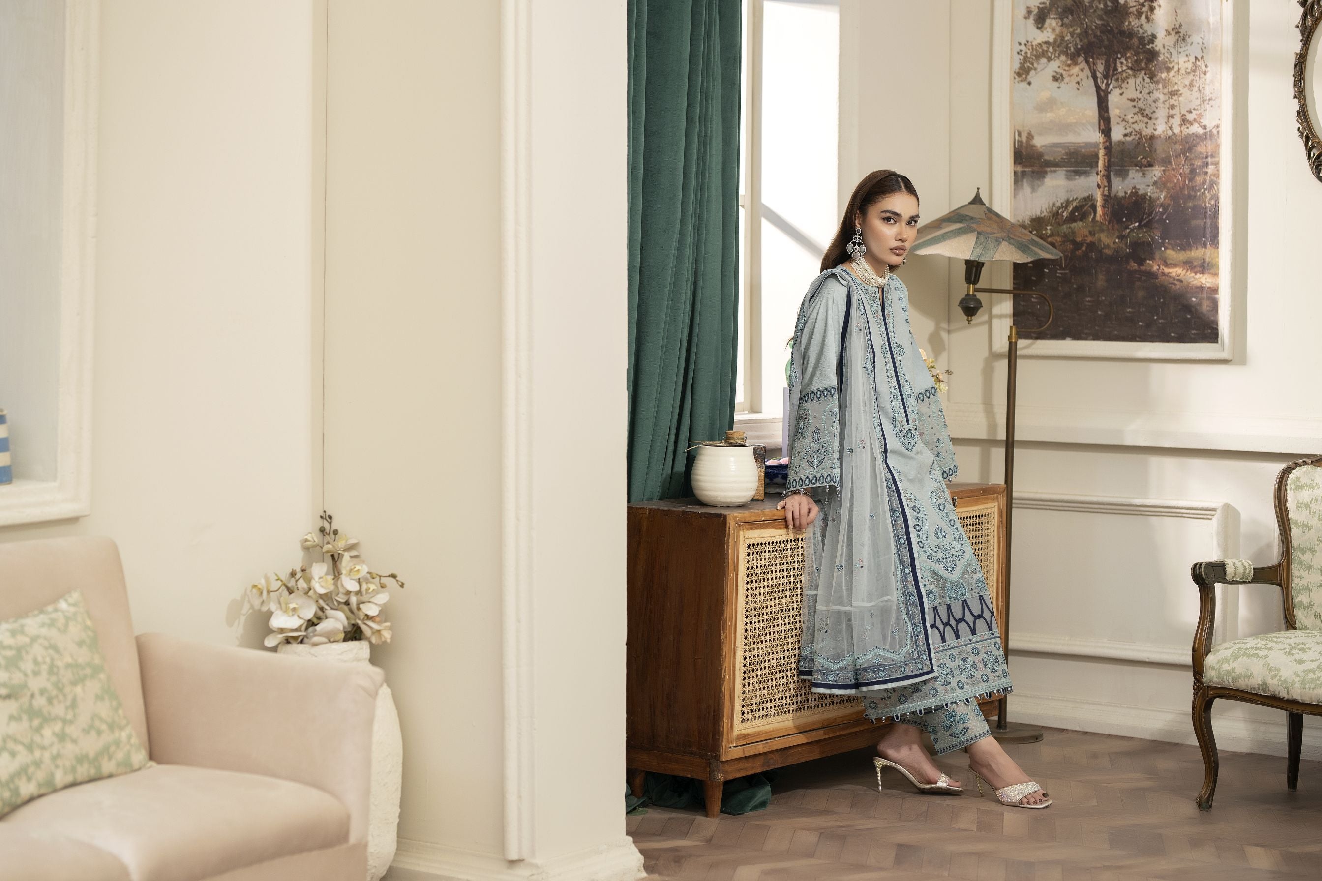 Embroidered Cotton Jacquard Suit with Pearl Detail and Net Dupatta Reet by Mona RBY2