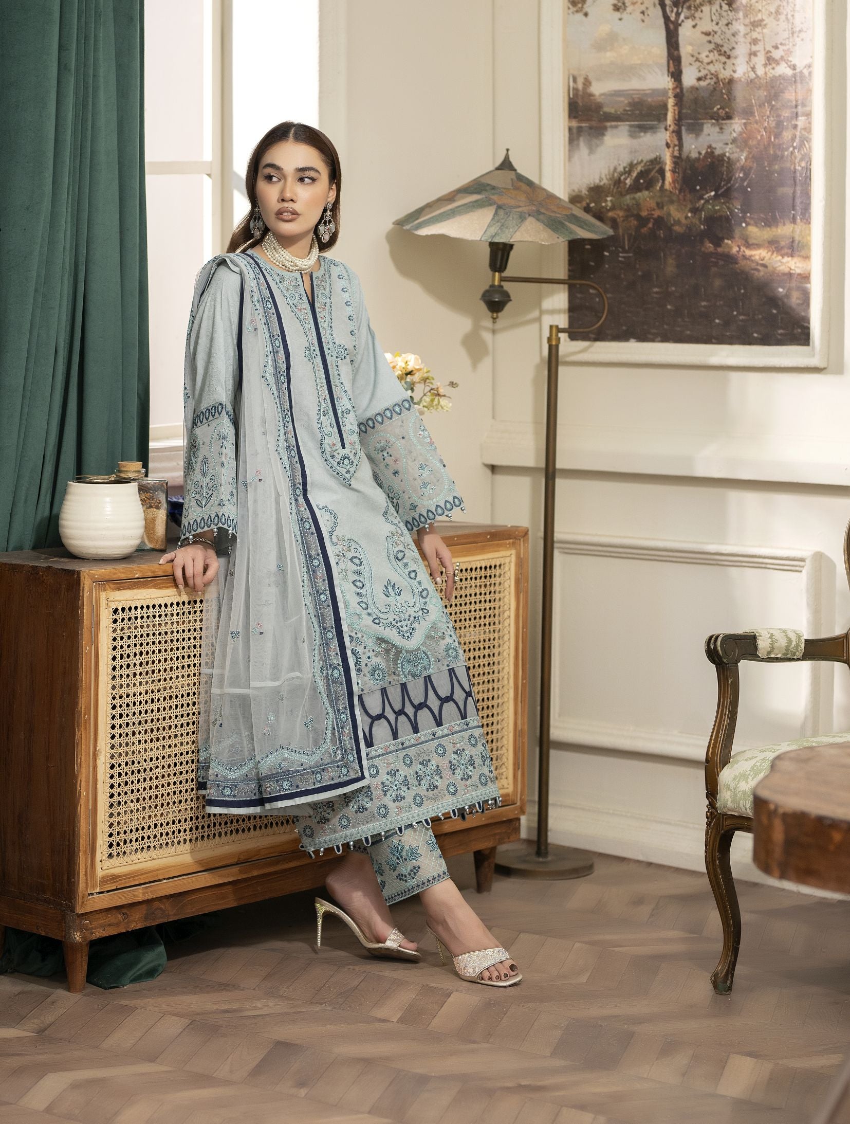 Embroidered Cotton Jacquard Suit with Pearl Detail and Net Dupatta Reet by Mona RBY2